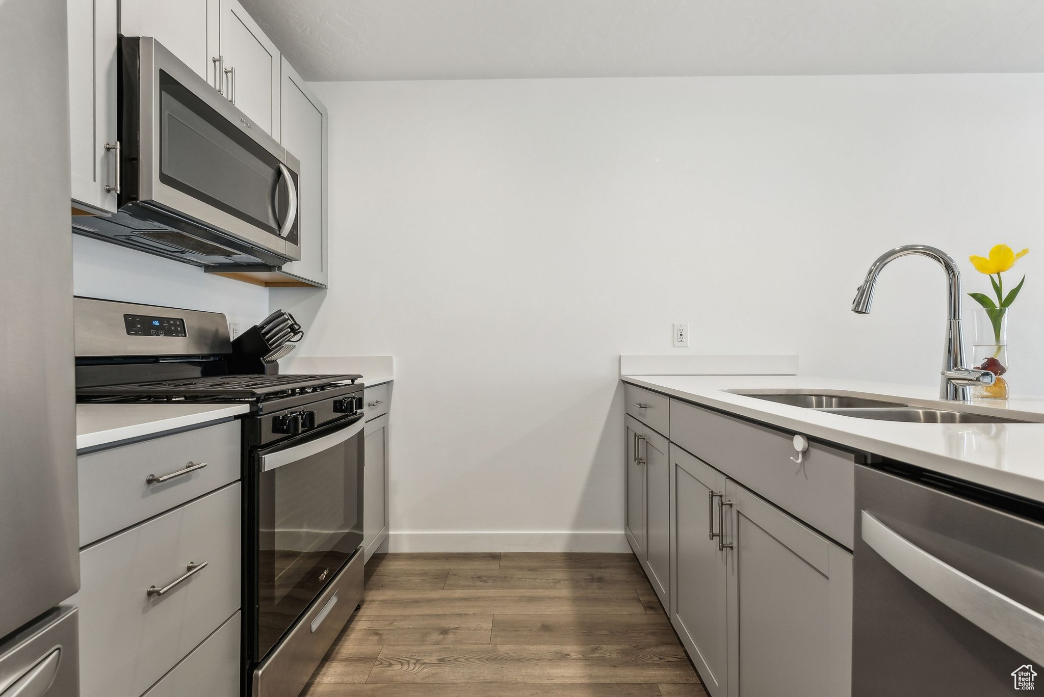 Kitchen featuring sink, stainless steel appliances, dark hardwood / wood-style floors, and gray cabinetry