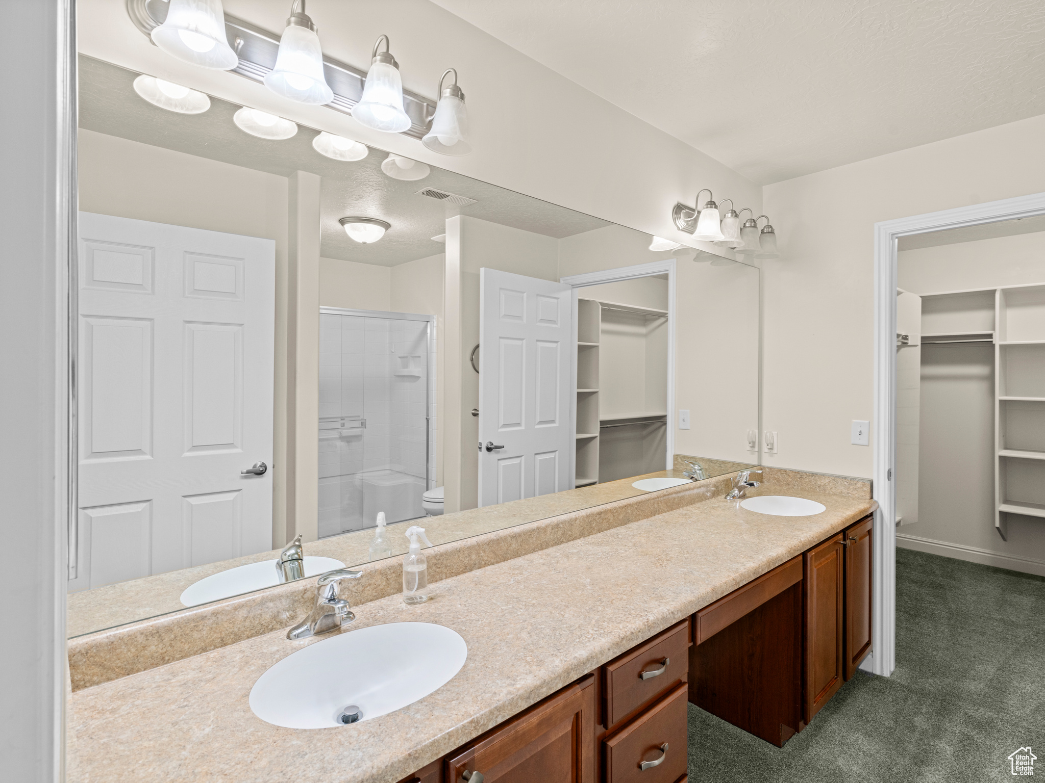 Bathroom featuring toilet, a shower with door, and vanity