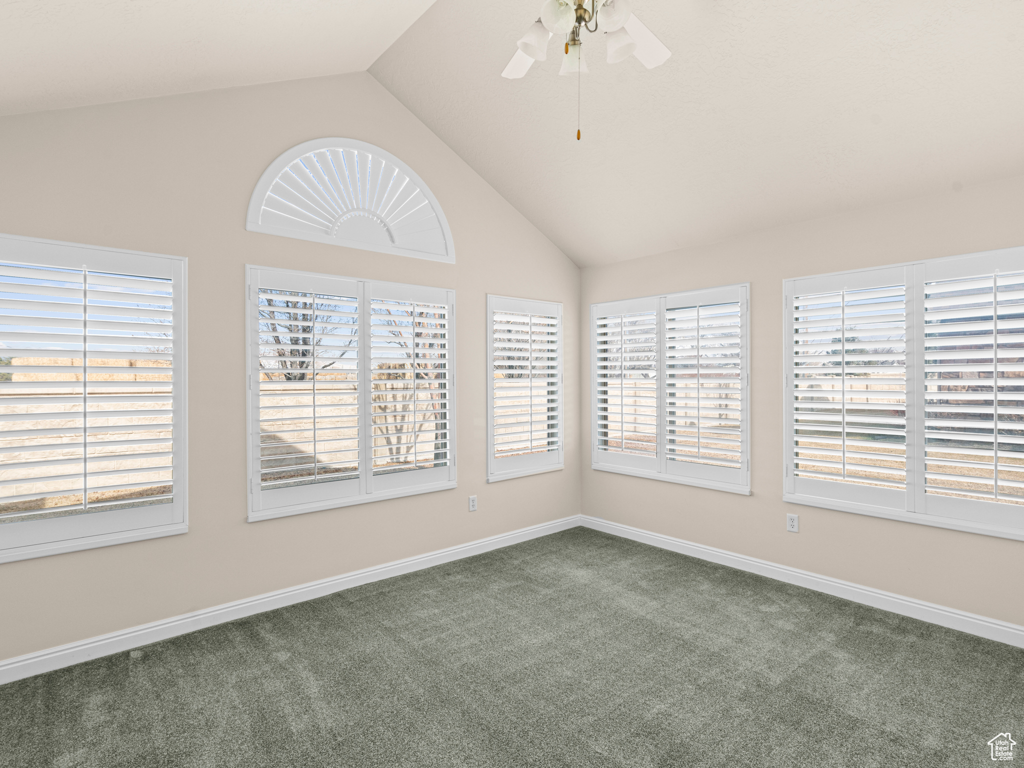 Carpeted spare room with plenty of natural light, high vaulted ceiling, and ceiling fan