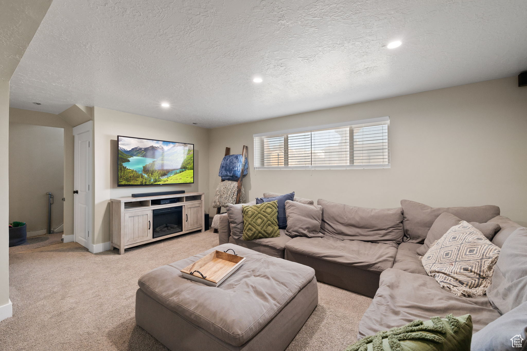 Carpeted living room with a textured ceiling