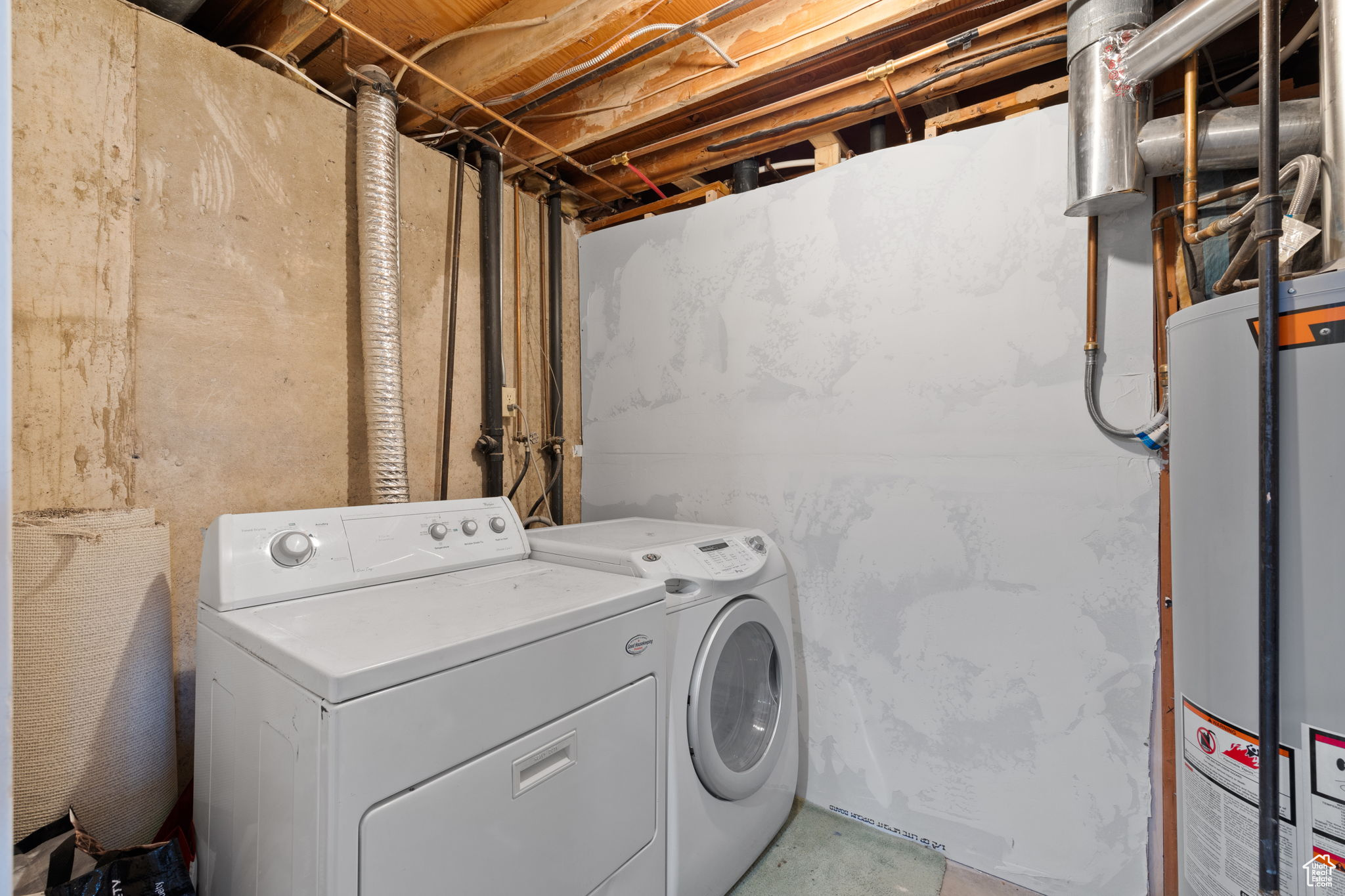 Laundry room featuring gas water heater and washing machine and clothes dryer