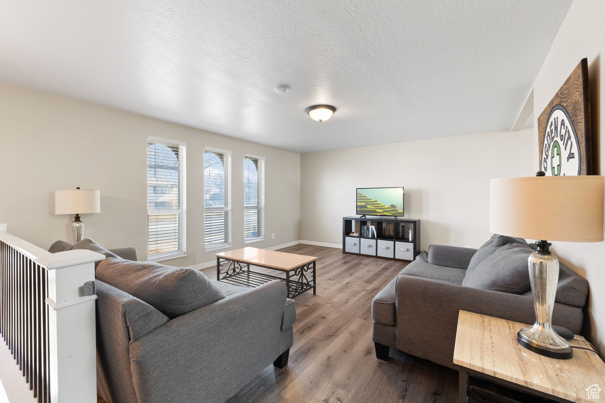 Living room featuring hardwood / wood-style flooring and a textured ceiling