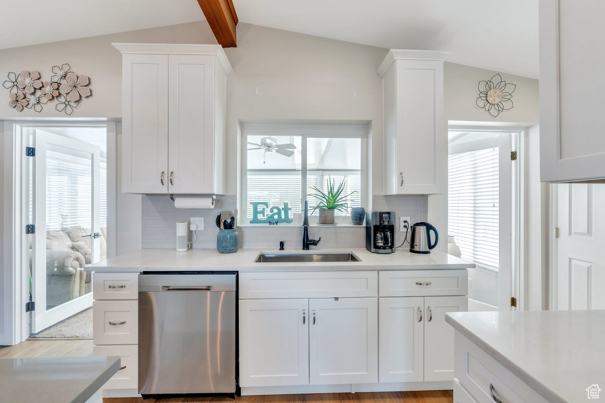 Kitchen with plenty of natural light, stainless steel dishwasher