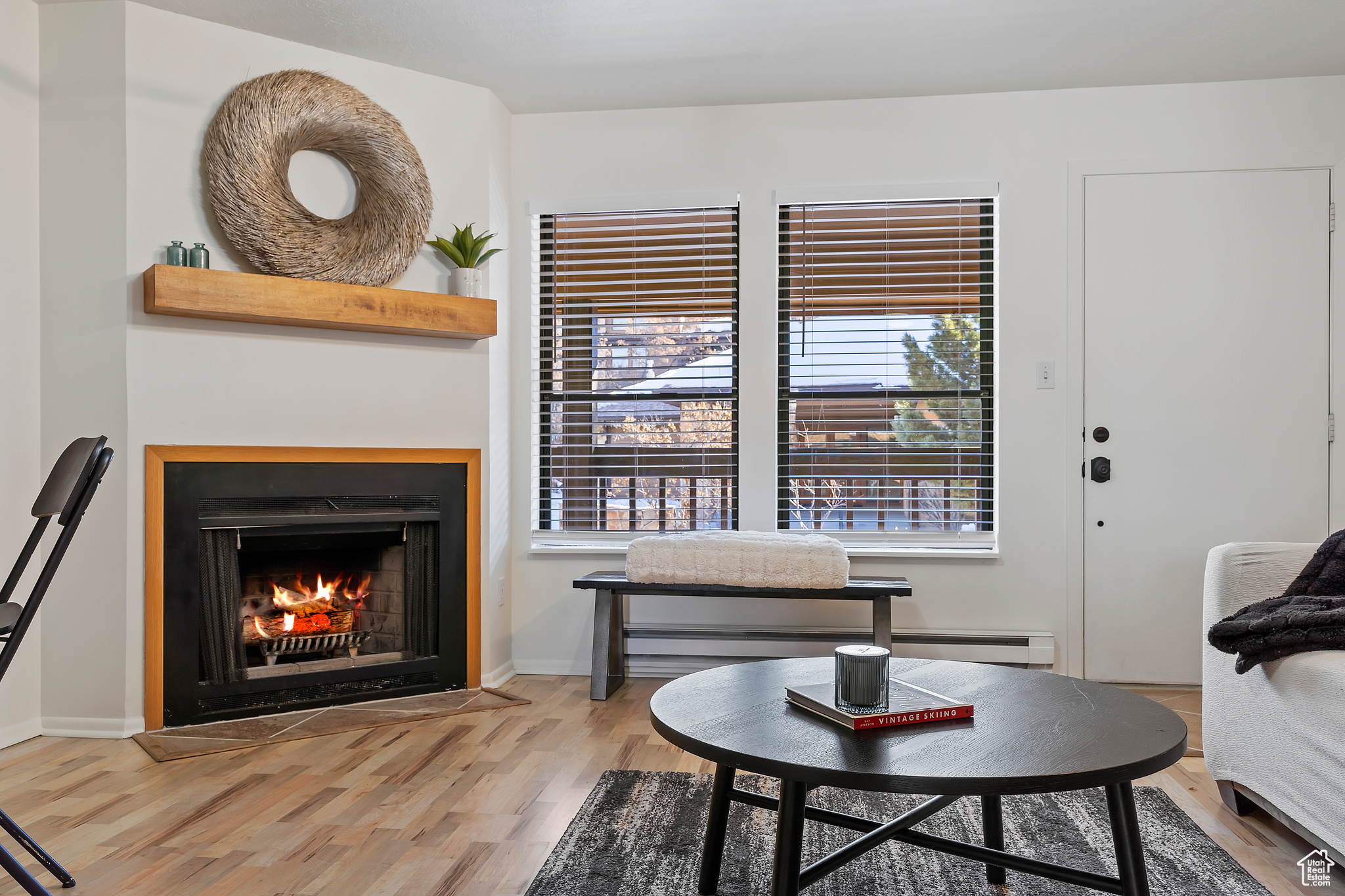 Living room with hardwood / wood-style flooring and a baseboard radiator