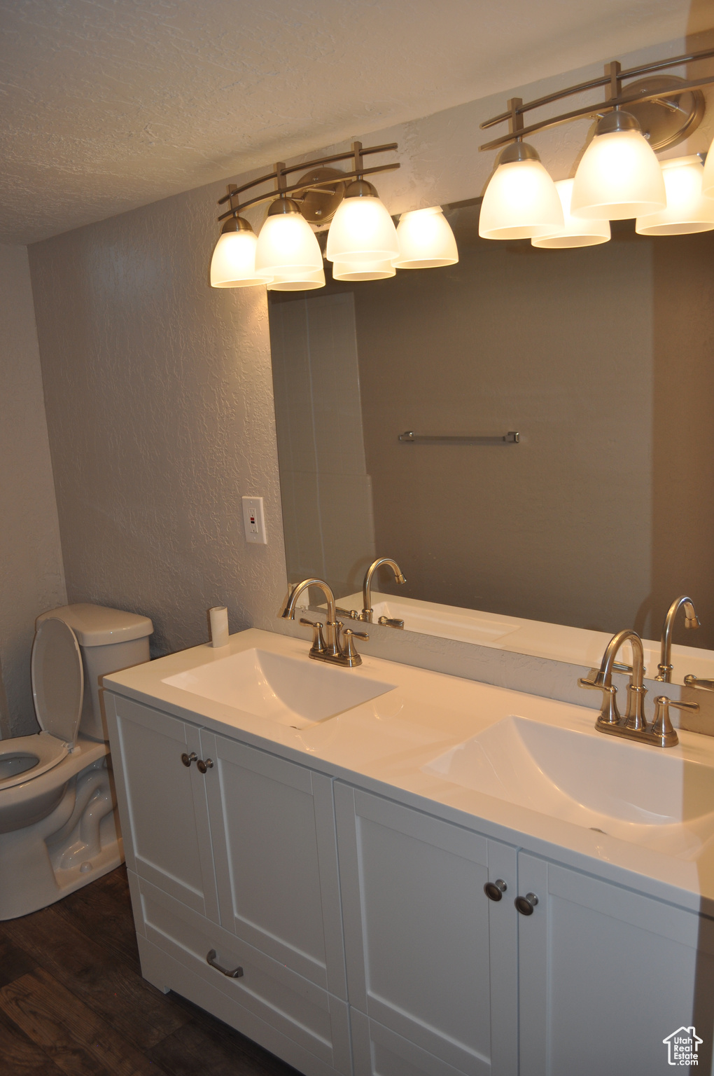 Bathroom featuring vanity, wood-type flooring, toilet, and a textured ceiling