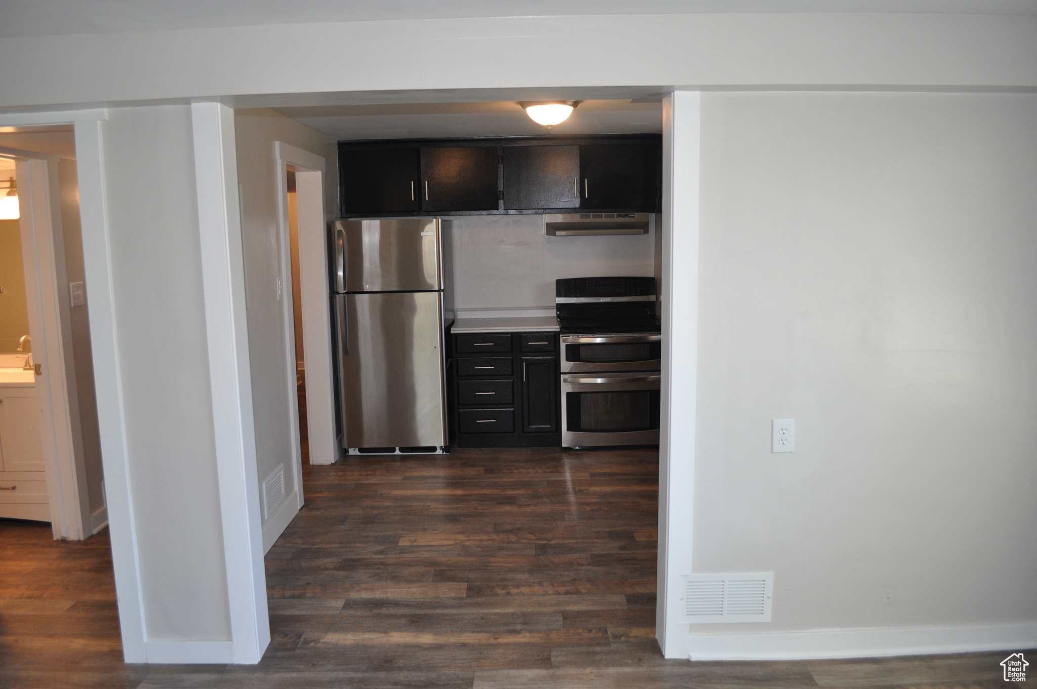 Kitchen with stainless steel appliances, dark wood-type flooring, and sink