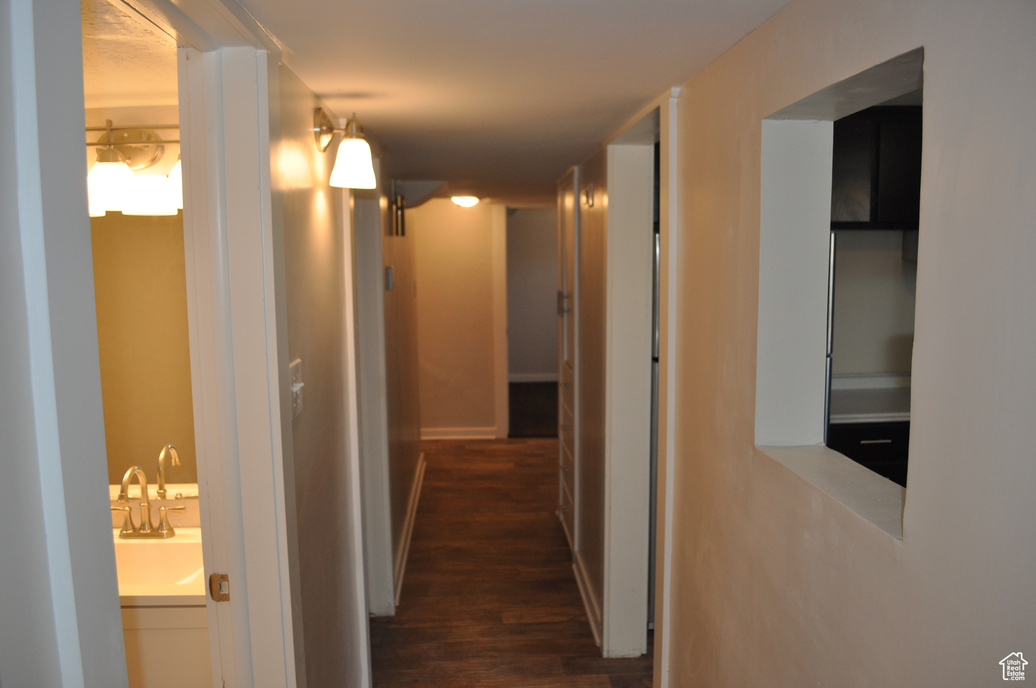 Hallway with sink and dark hardwood / wood-style floors