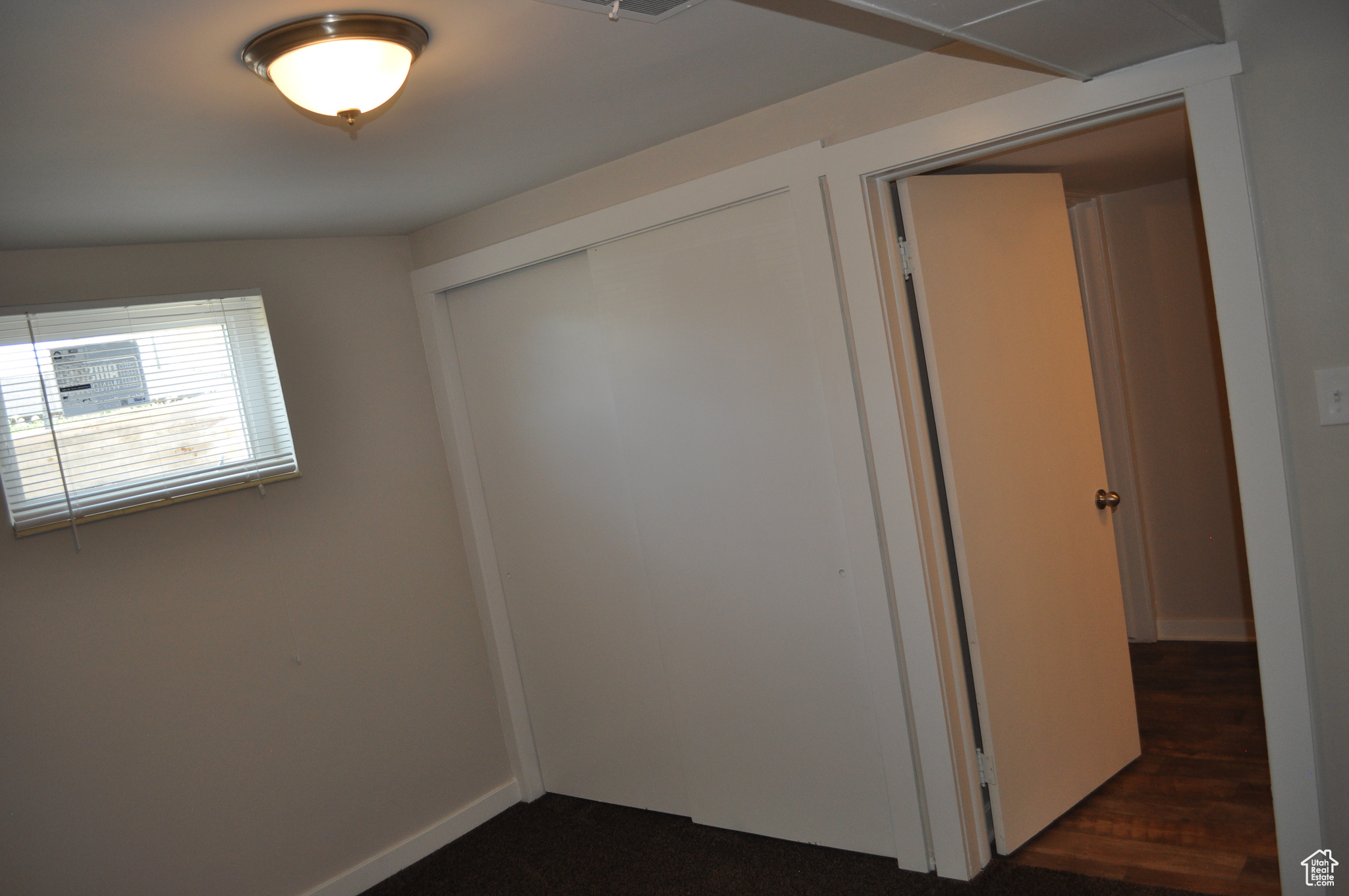 Interior space featuring dark wood-type flooring and a closet