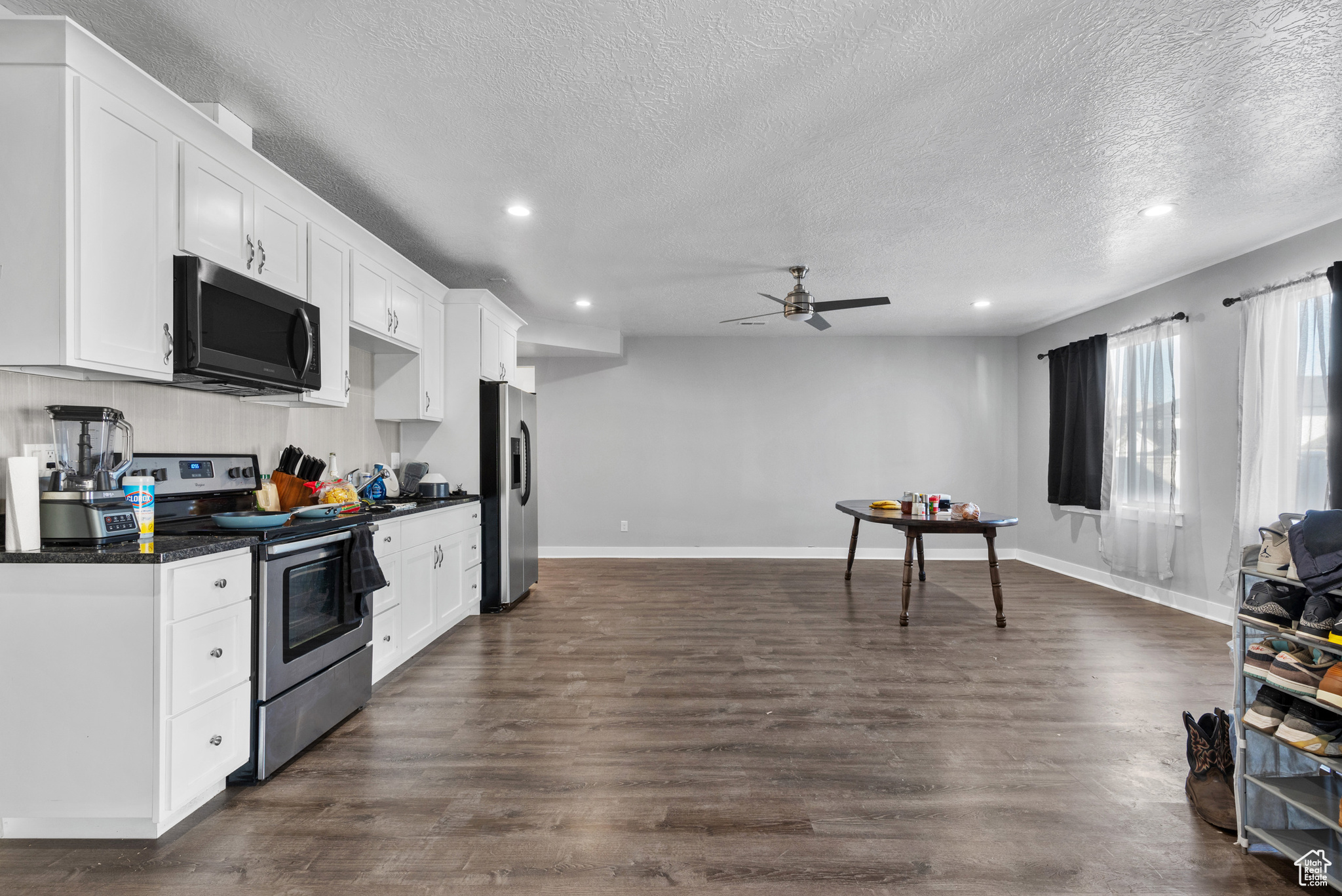 Kitchen with white cabinetry, dark wood-type flooring, ceiling fan, and appliances with stainless steel finishes