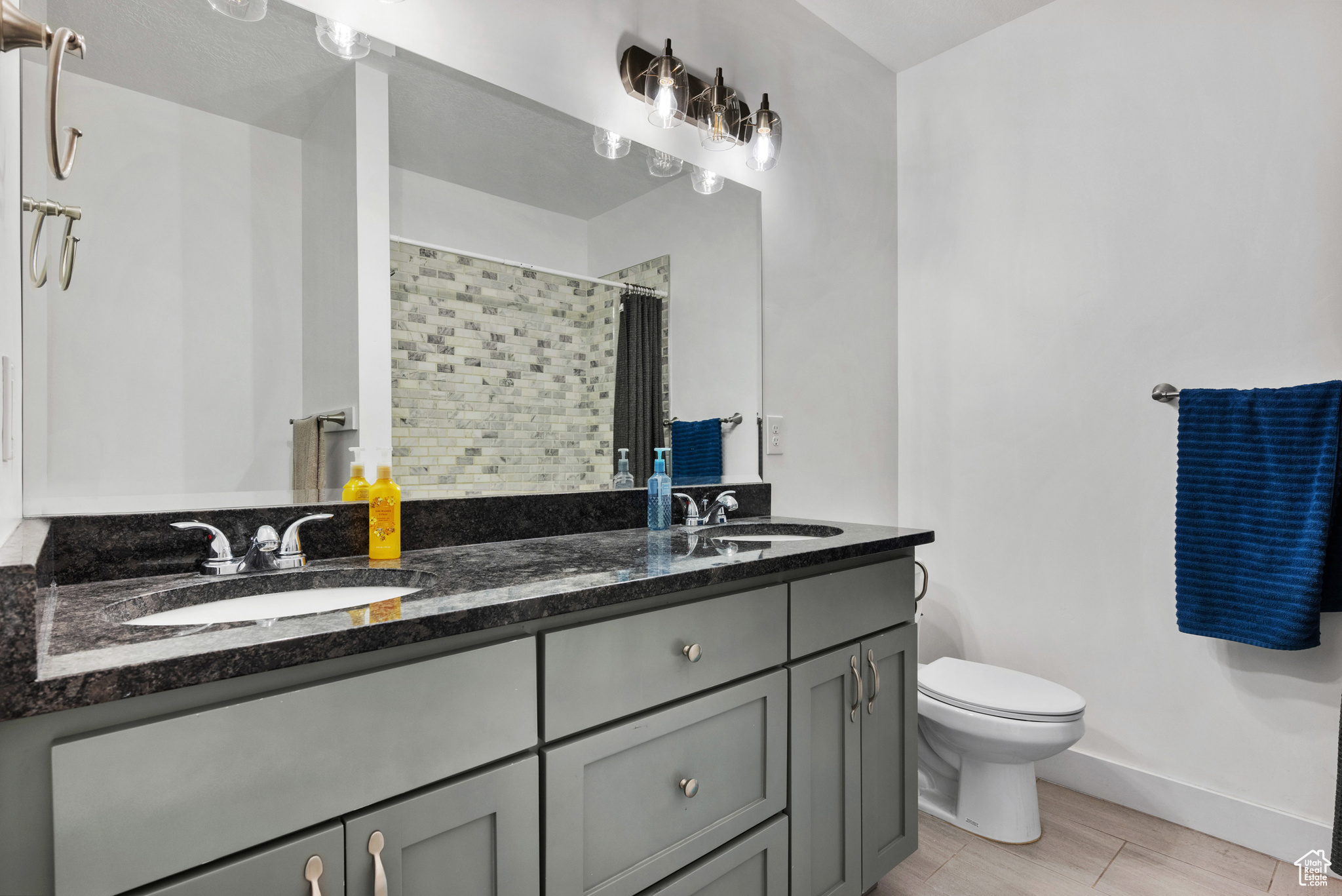 Bathroom with vanity, toilet, and a shower with shower curtain