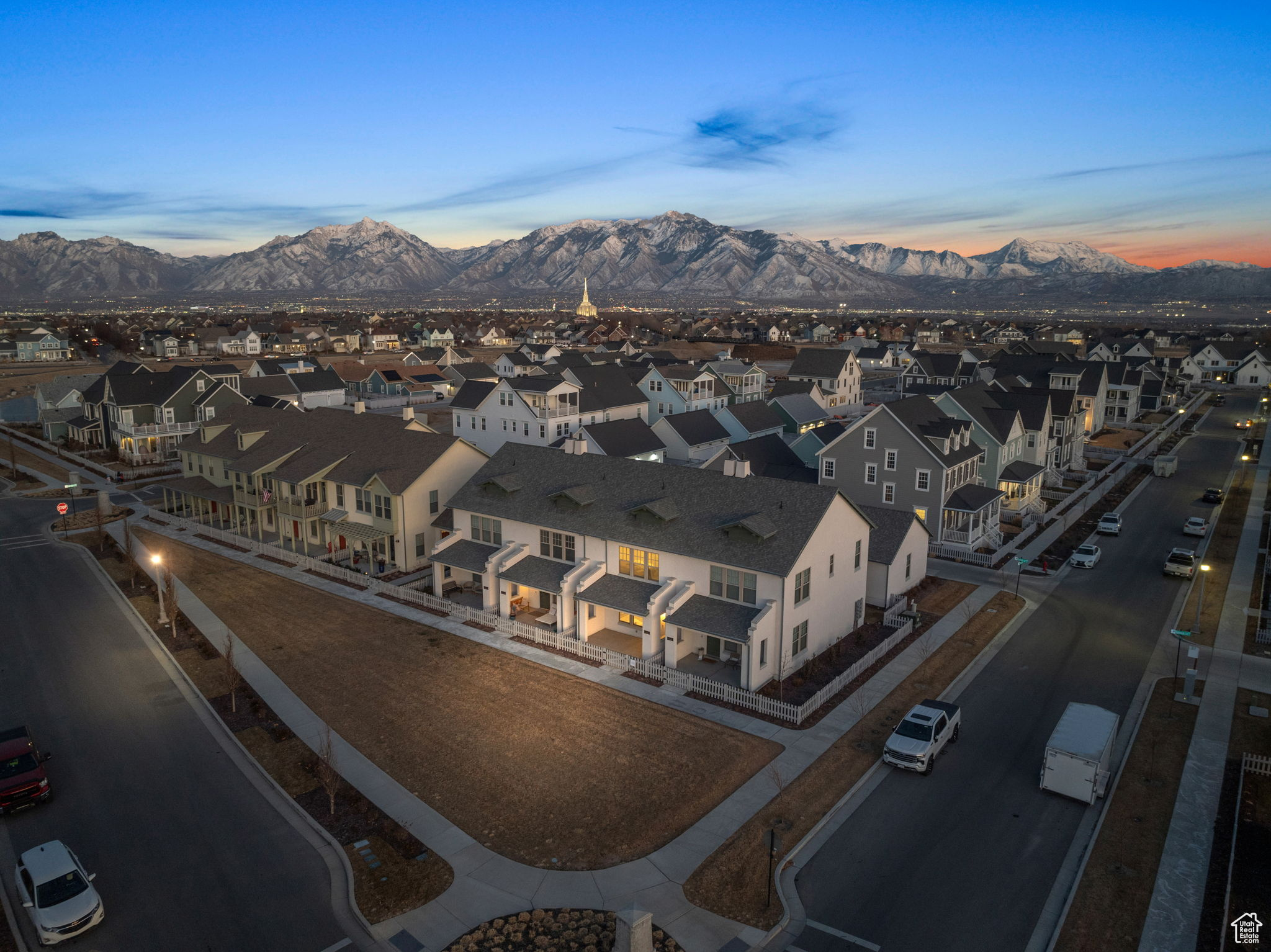 Aerial view at dusk with a mountain view