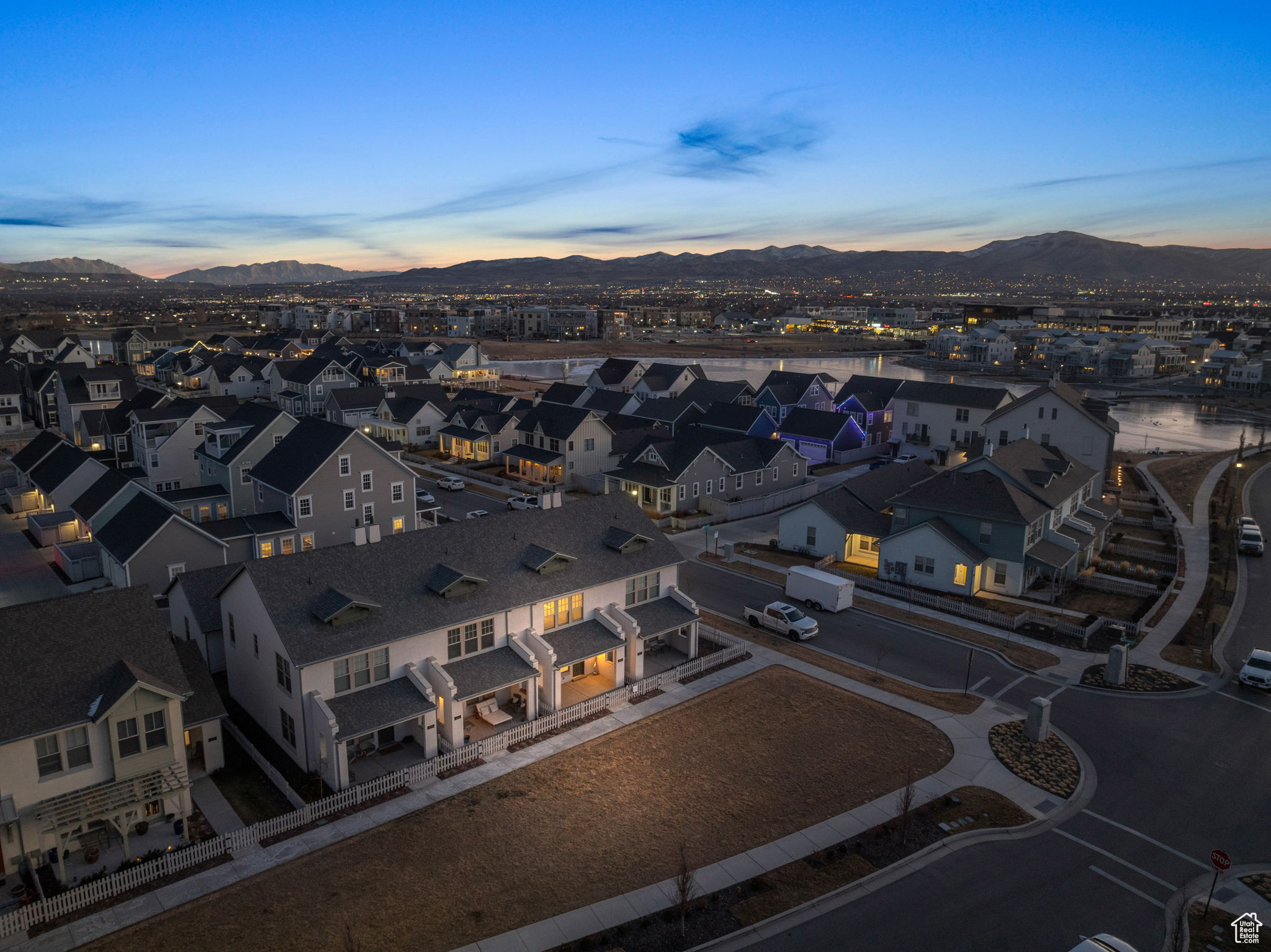 Aerial view at dusk with a mountain view