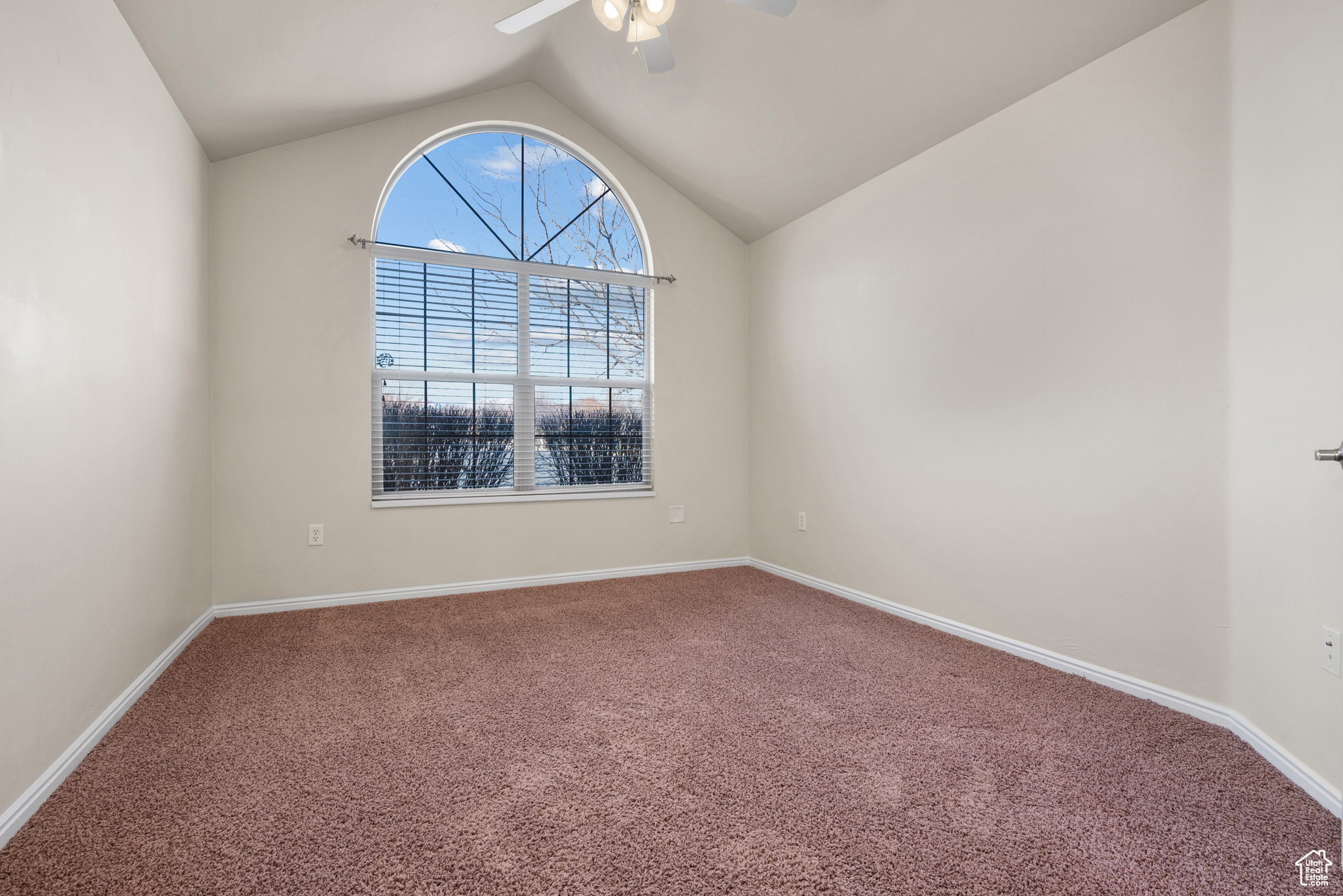 Carpeted spare room with lofted ceiling and ceiling fan