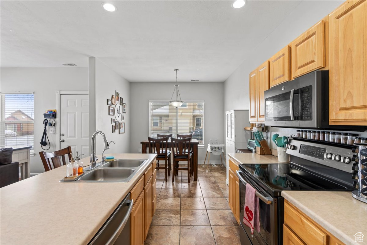 Kitchen featuring pendant lighting, stainless steel appliances, sink, and plenty of natural light