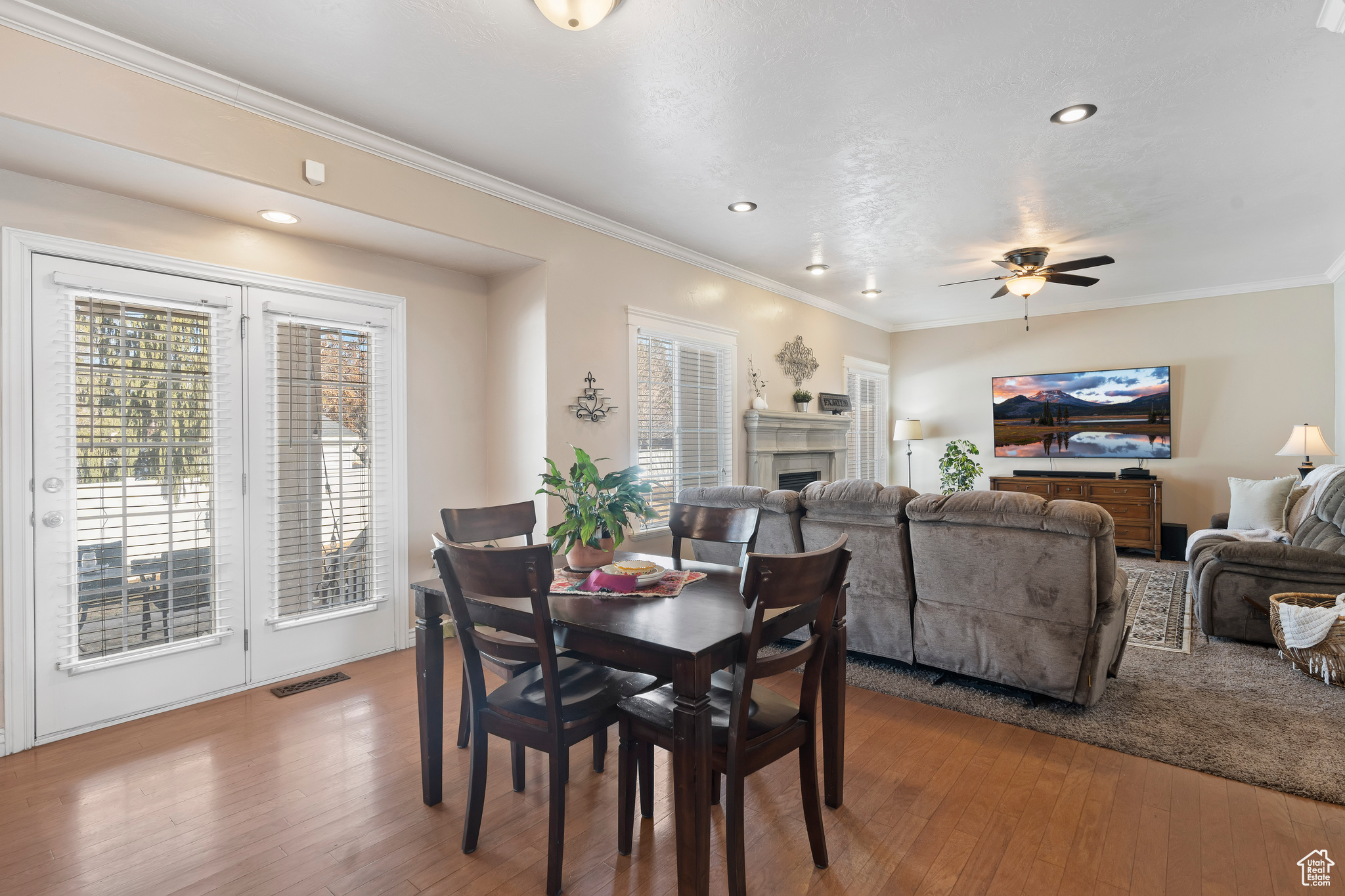 Dining area featuring, a healthy amount of sunlight, hardwood / wood-style floors, and ceiling fan