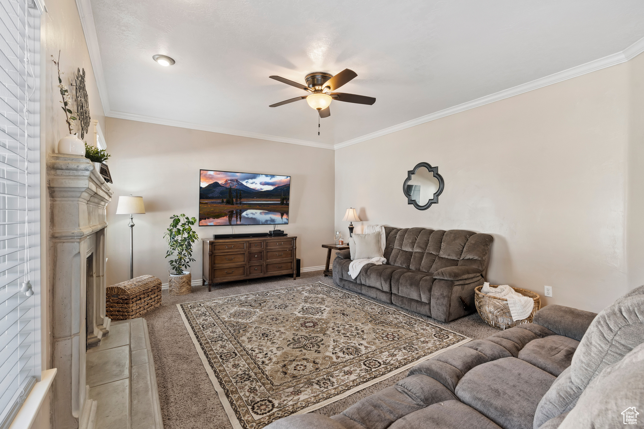 The great room. This is a large open space with a fireplace. GREAT ENTERTAINMENT SPACE as it is open to the kitchen and looks out to the backyard.