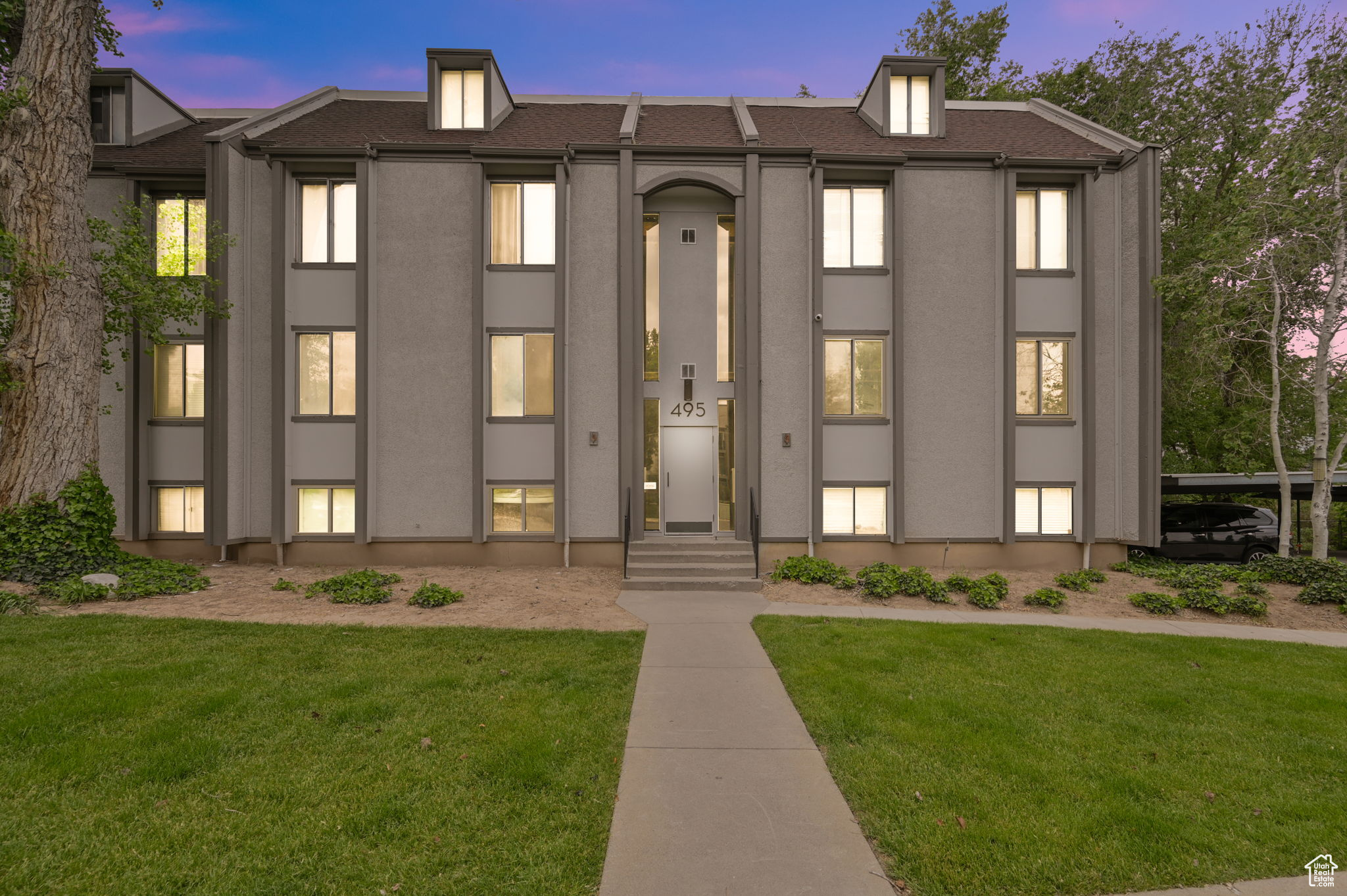 View of outdoor building at dusk