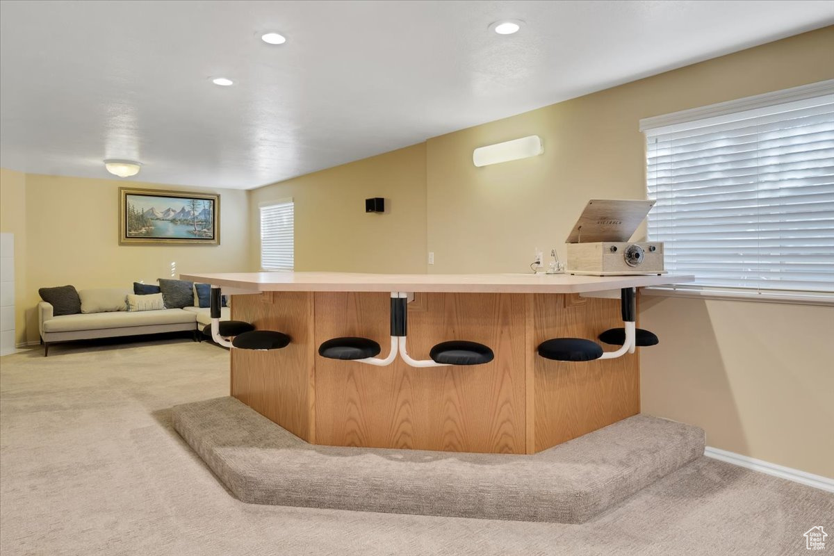 Wet Bar with light colored carpet