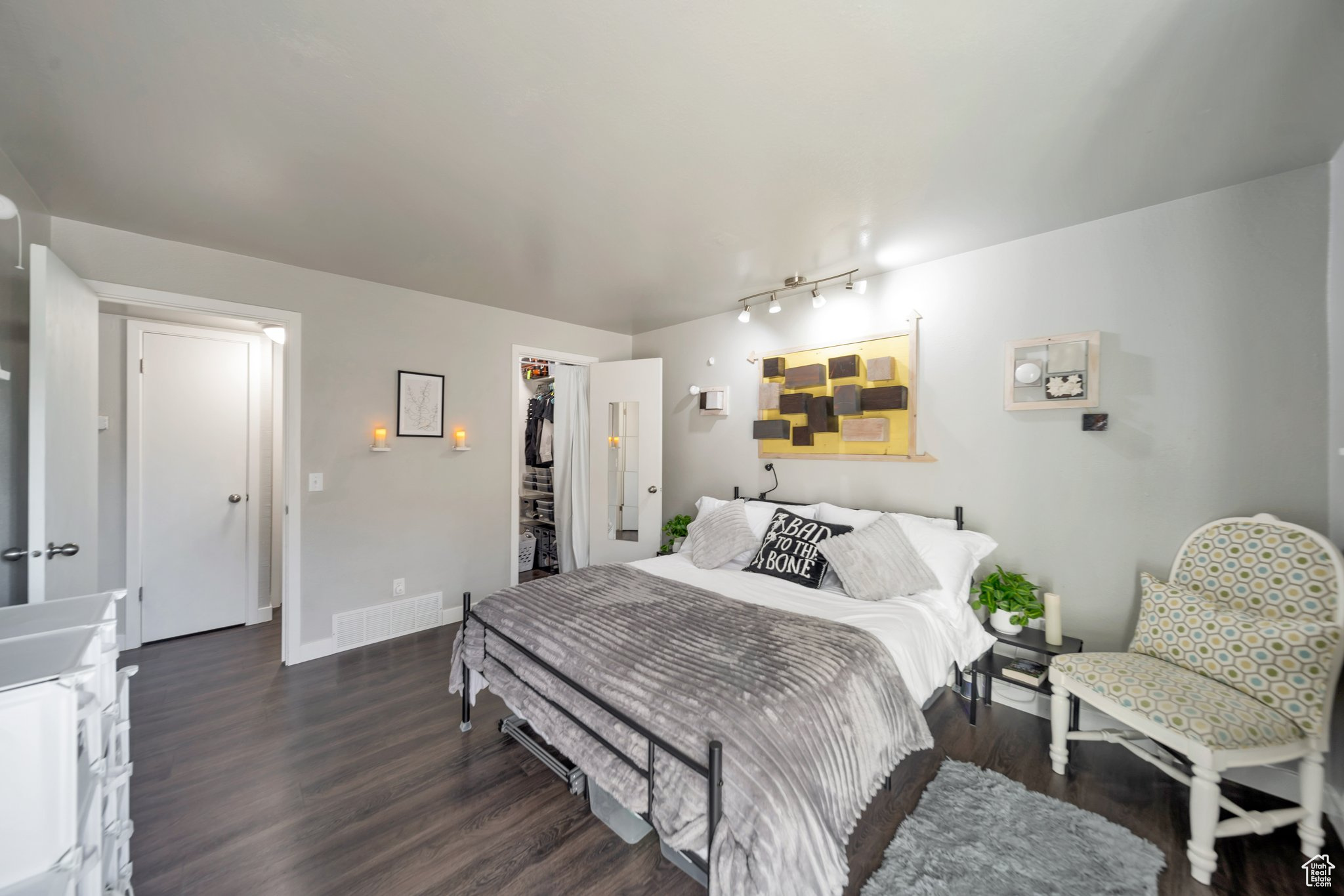 Bedroom with dark wood-type flooring, a spacious closet, and a closet