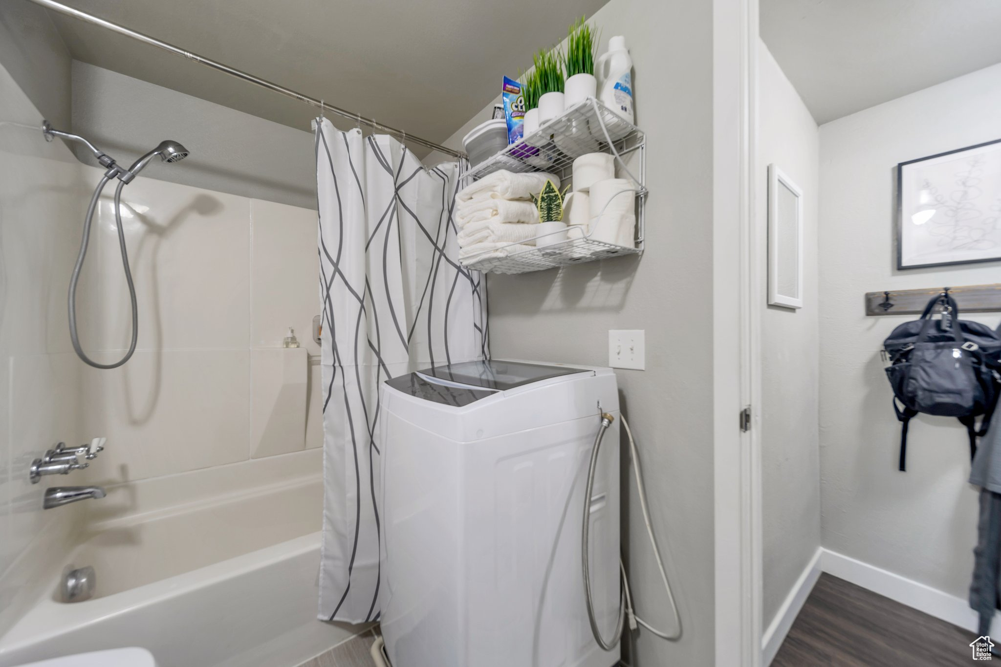 Laundry area featuring dark hardwood / wood-style floors