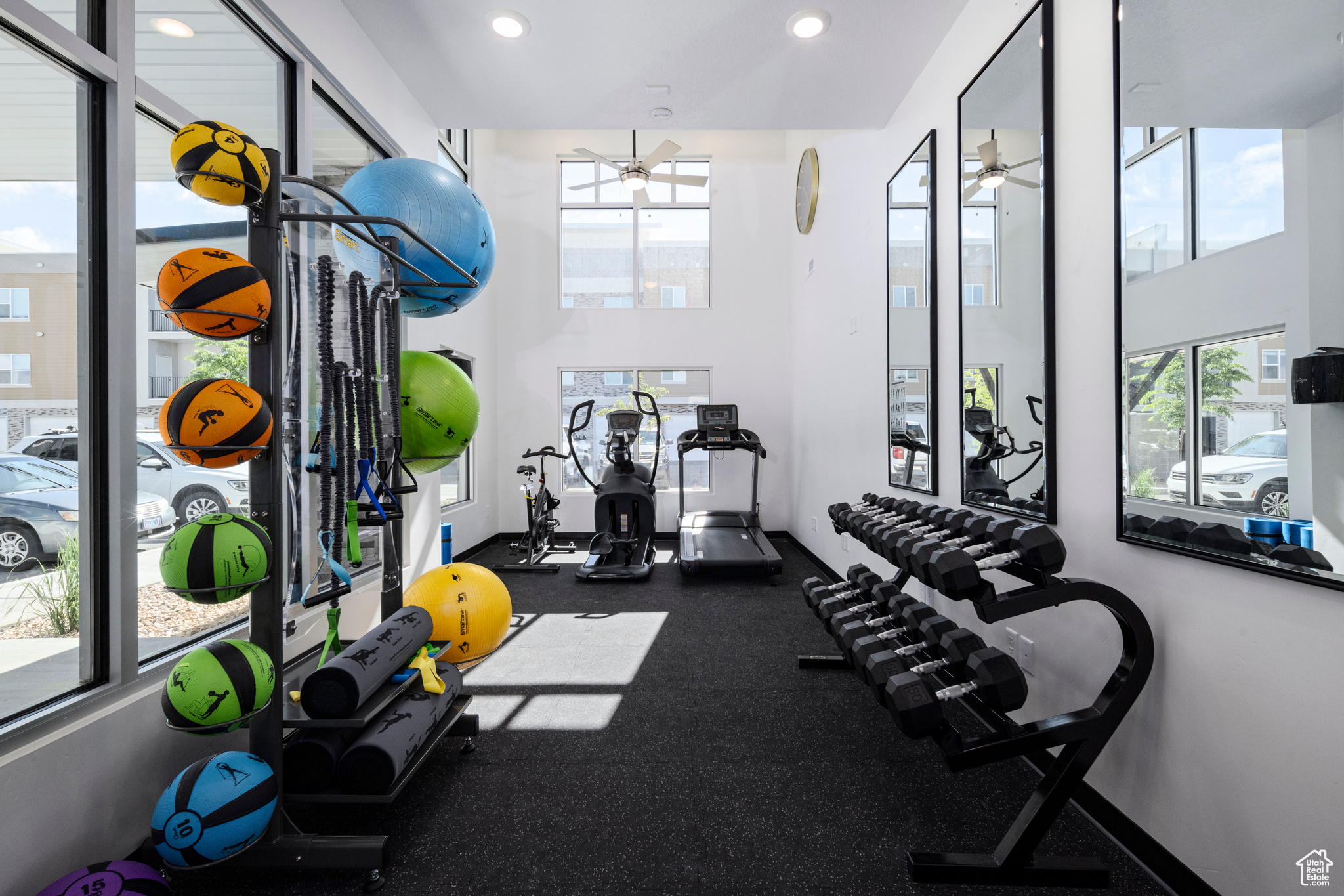 Exercise room featuring a wealth of natural light and ceiling fan