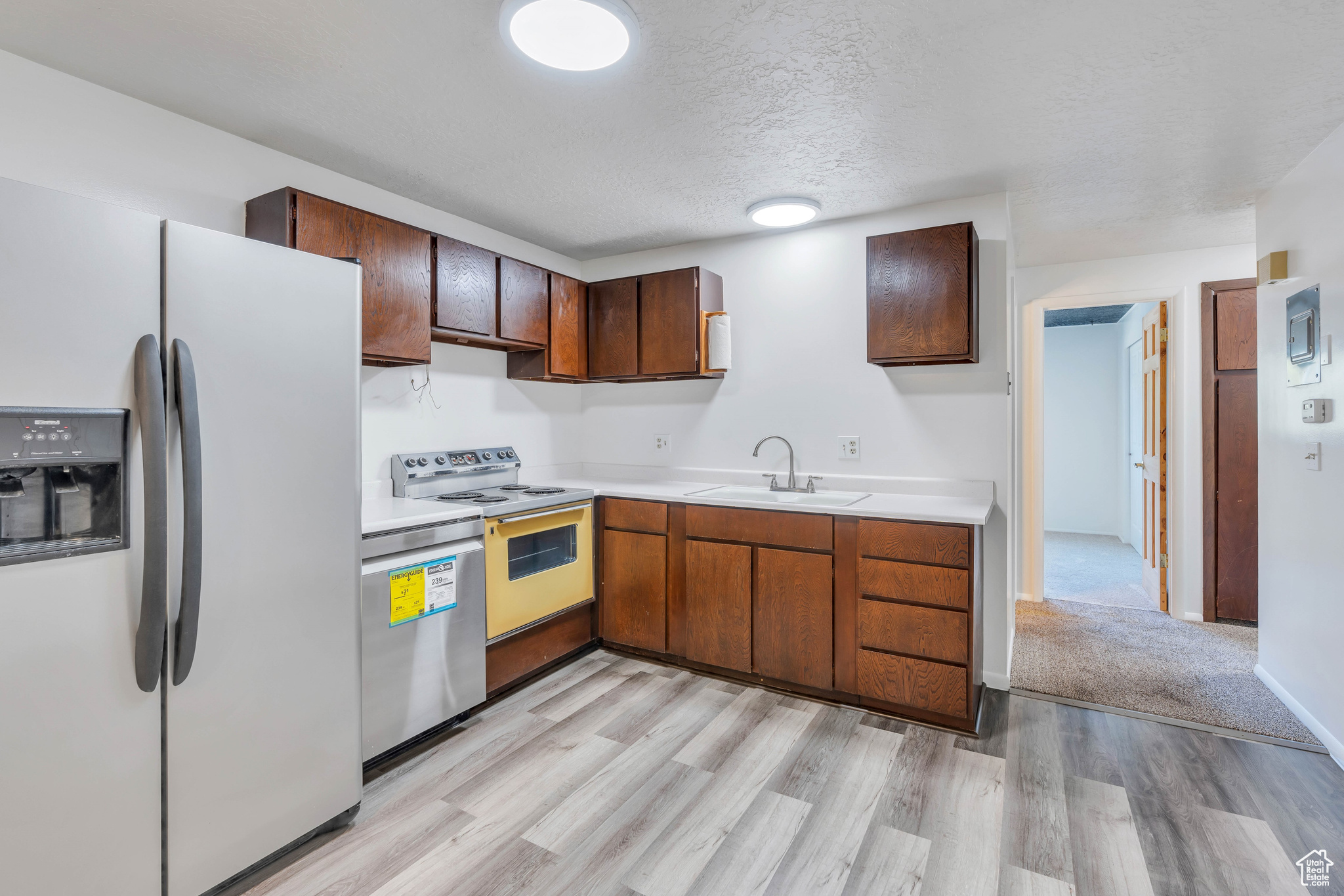 Kitchen featuring light colored carpet, appliances with stainless steel finishes, sink, and a textured ceiling