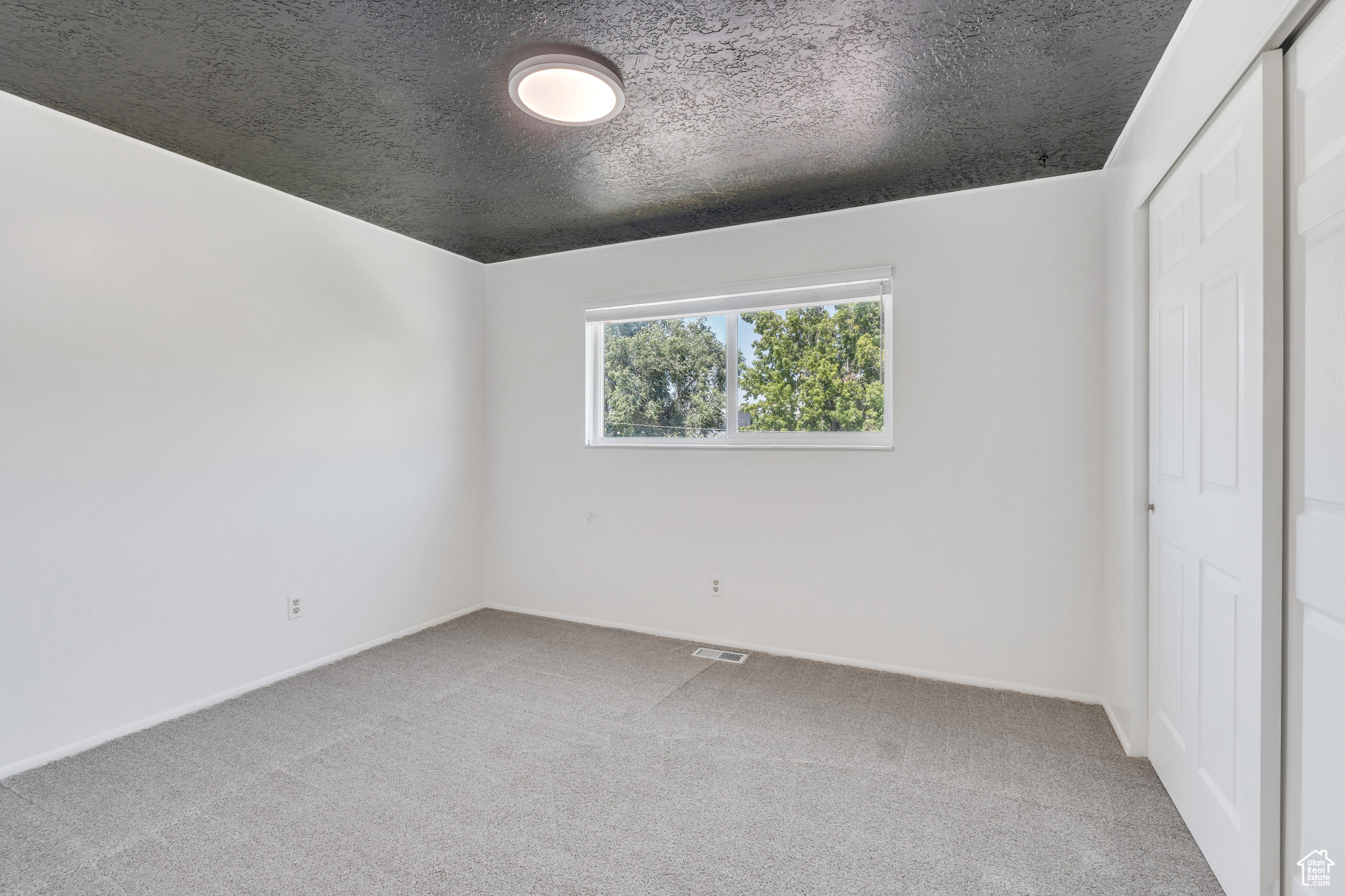 Unfurnished bedroom with carpet, a textured ceiling, and a closet