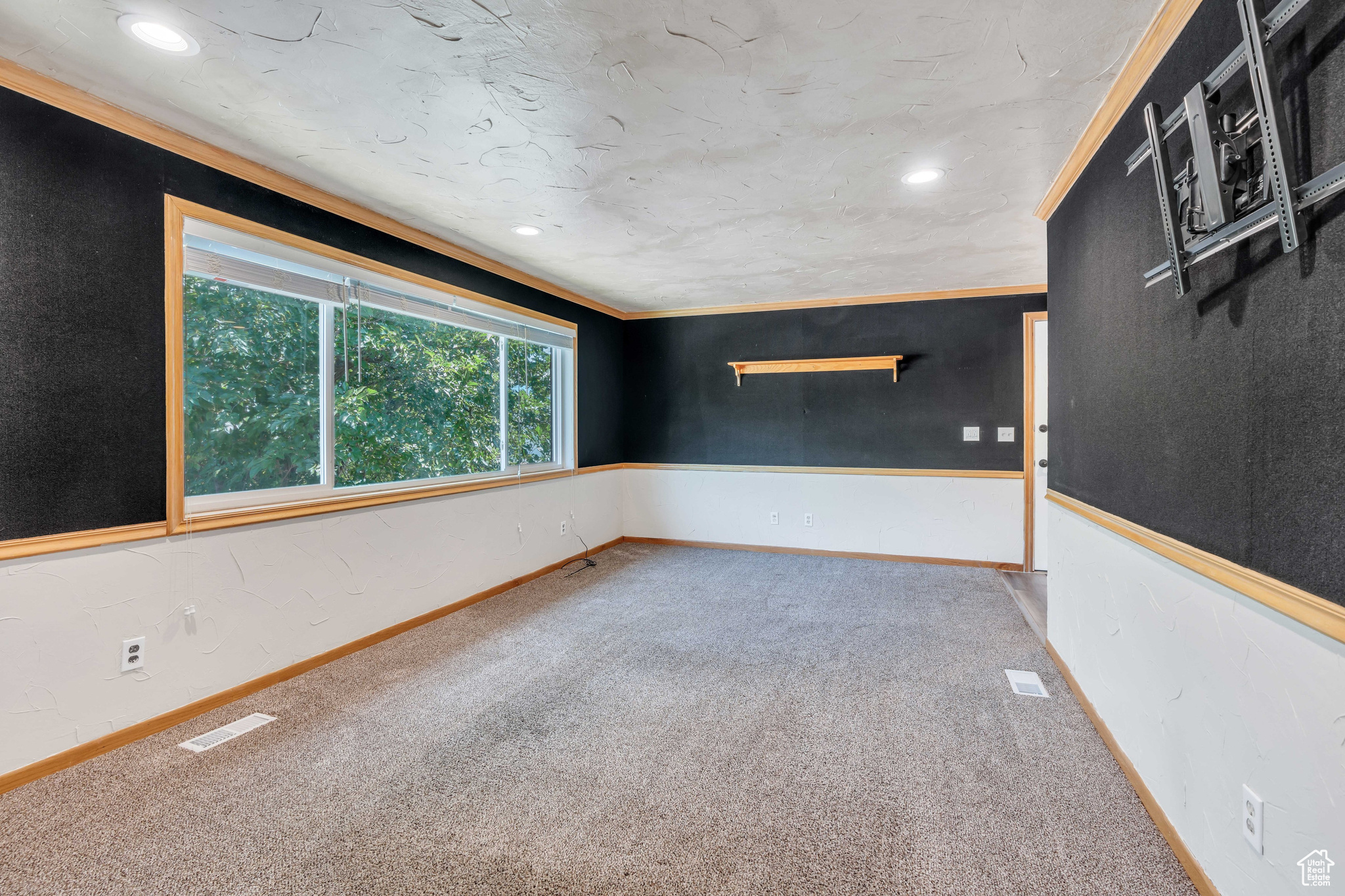 Carpeted spare room featuring crown molding