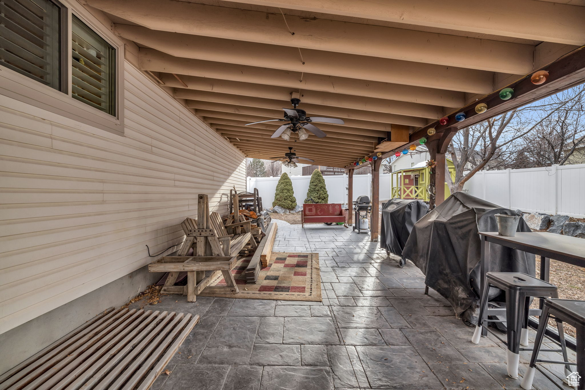 View of patio / terrace featuring grilling area and ceiling fan