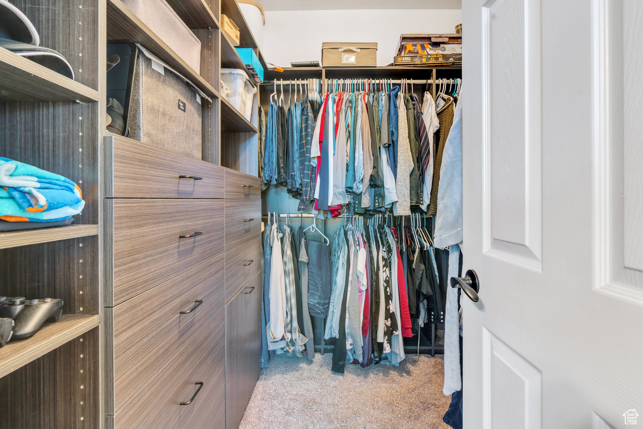 Walk in closet with carpet flooring