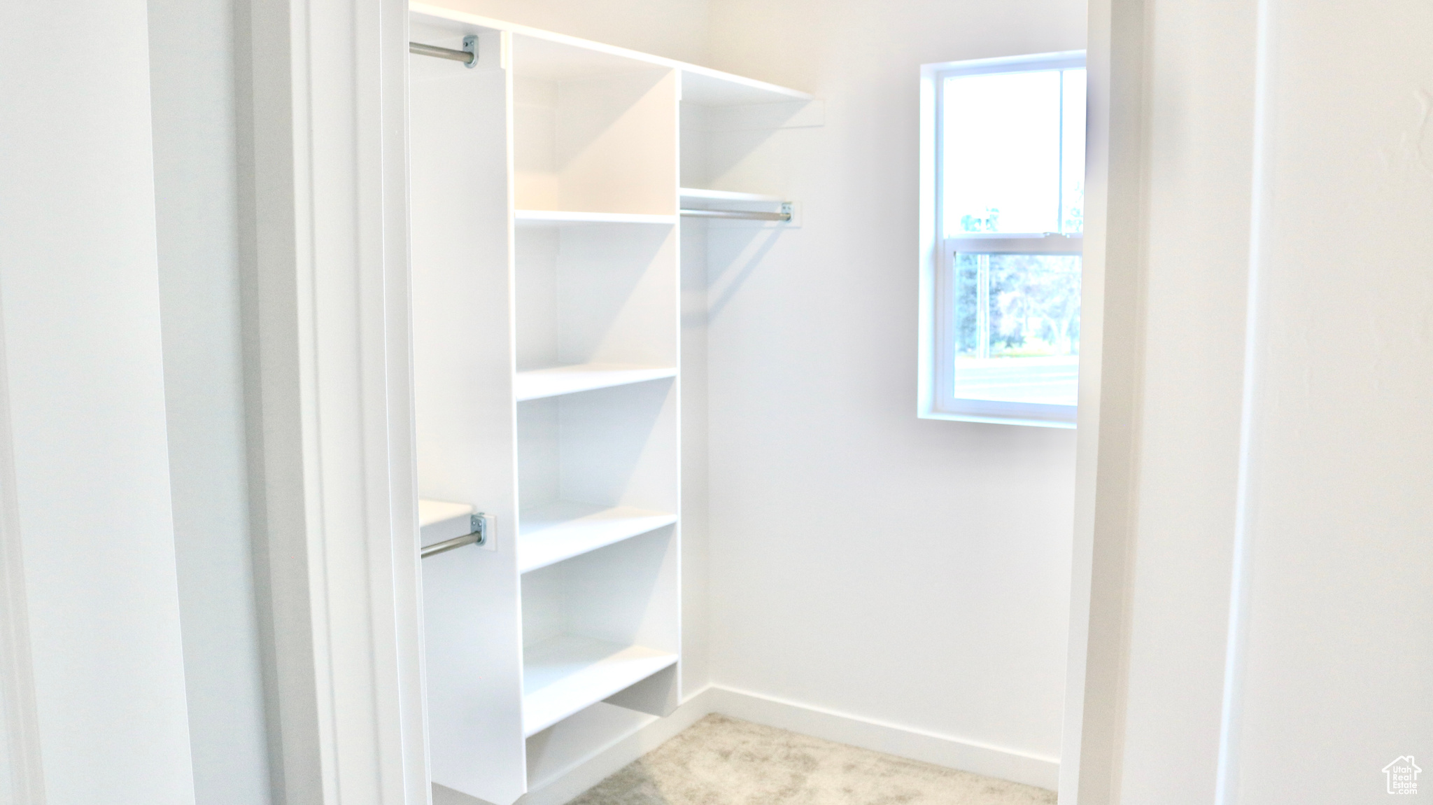 Spacious closet featuring light colored carpet