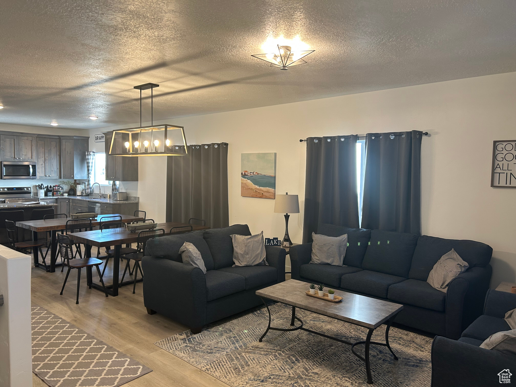 Living room with sink, a textured ceiling, and light wood-type flooring