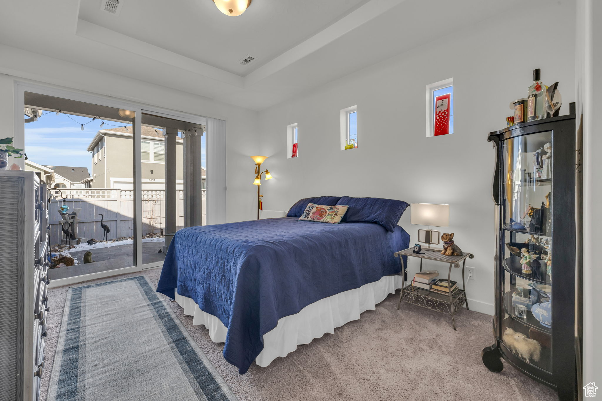 Carpeted bedroom featuring access to exterior and a tray ceiling