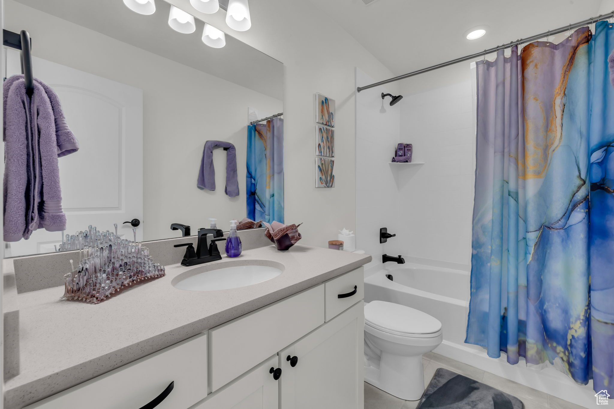 Full bathroom featuring vanity, shower / stone counter tops!