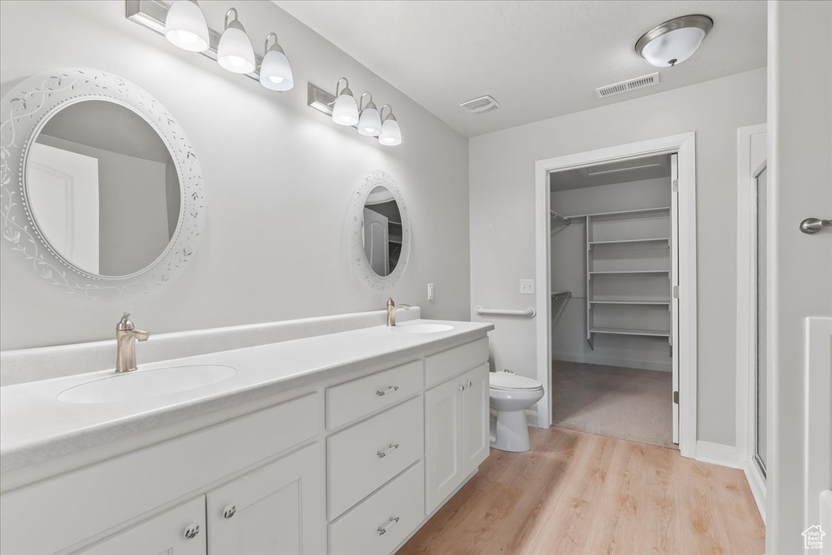 Bathroom featuring vanity, toilet, and hardwood / wood-style floors