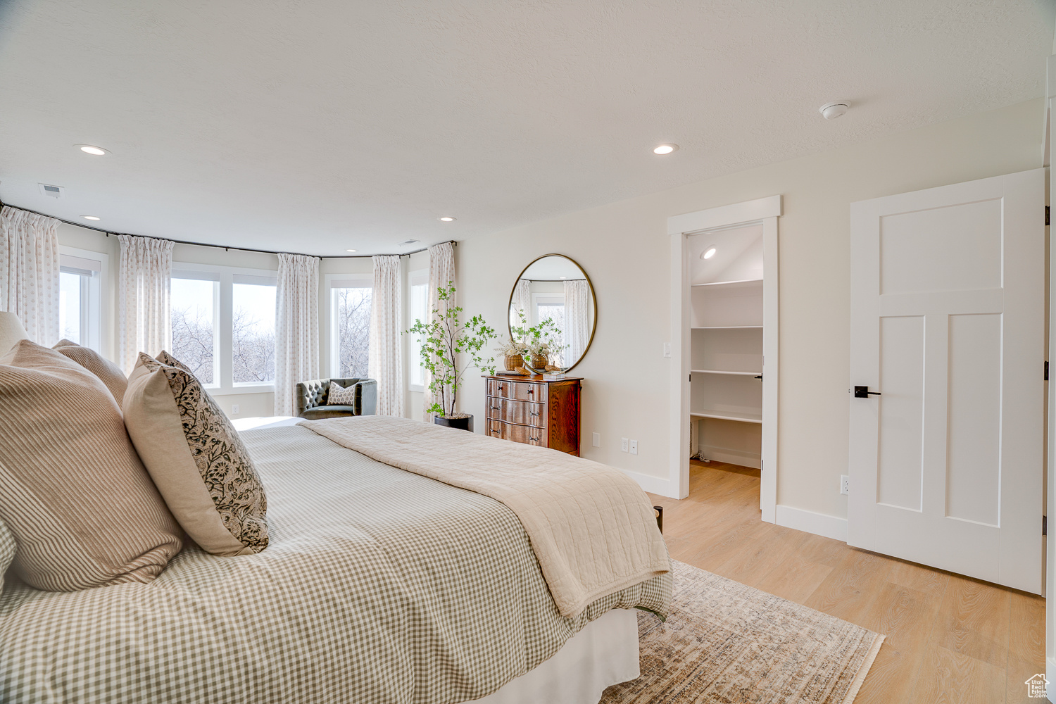 Bedroom featuring a spacious closet, light hardwood / wood-style floors, and a closet