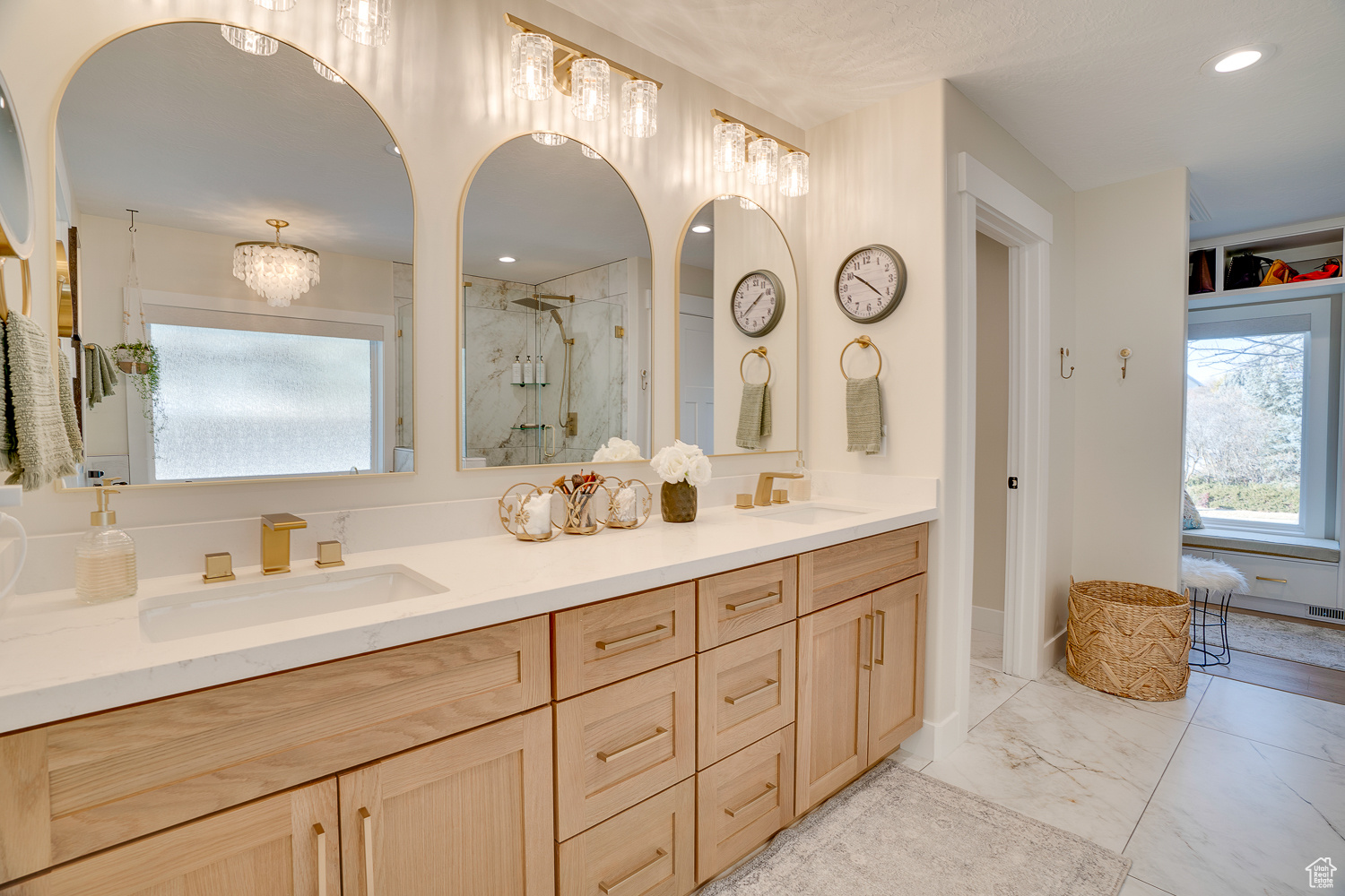 Bathroom with vanity and walk in shower