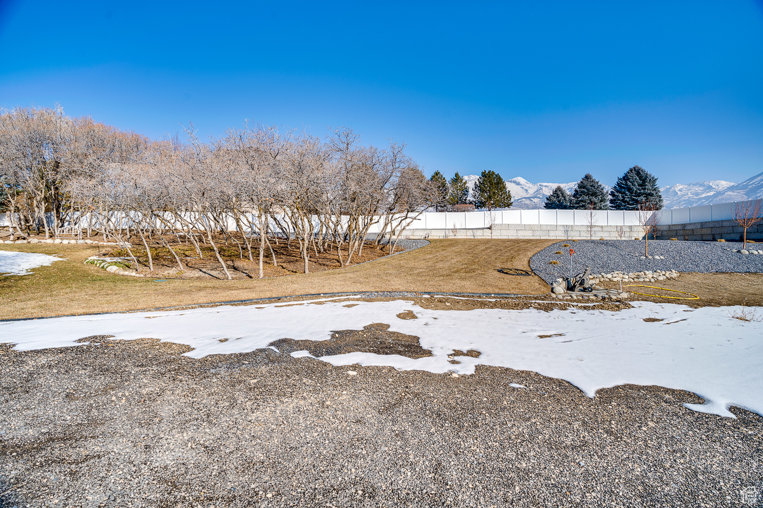 Yard layered in snow with a mountain view