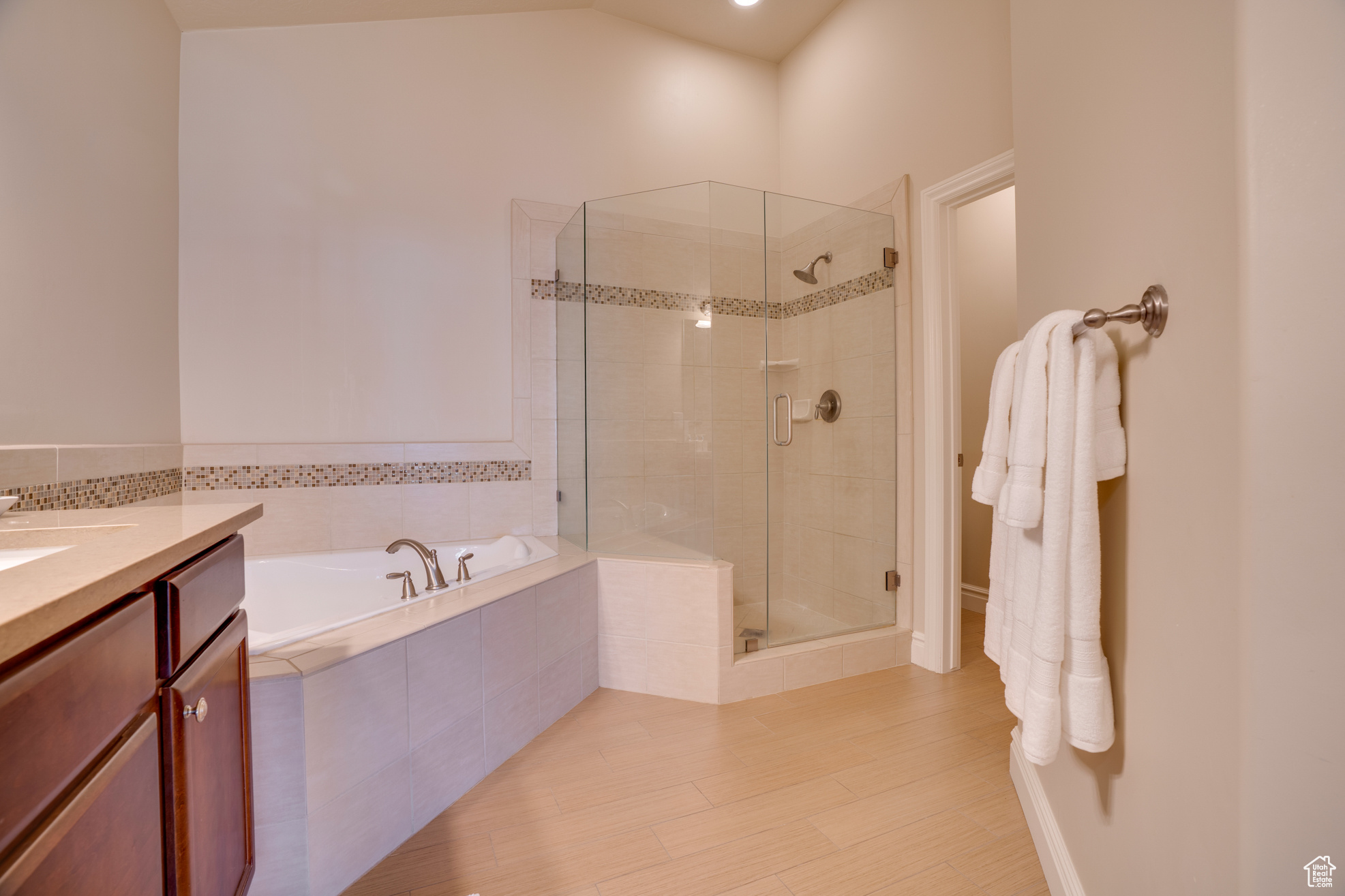 Bathroom featuring vanity, independent shower and bath, and hardwood / wood-style floors