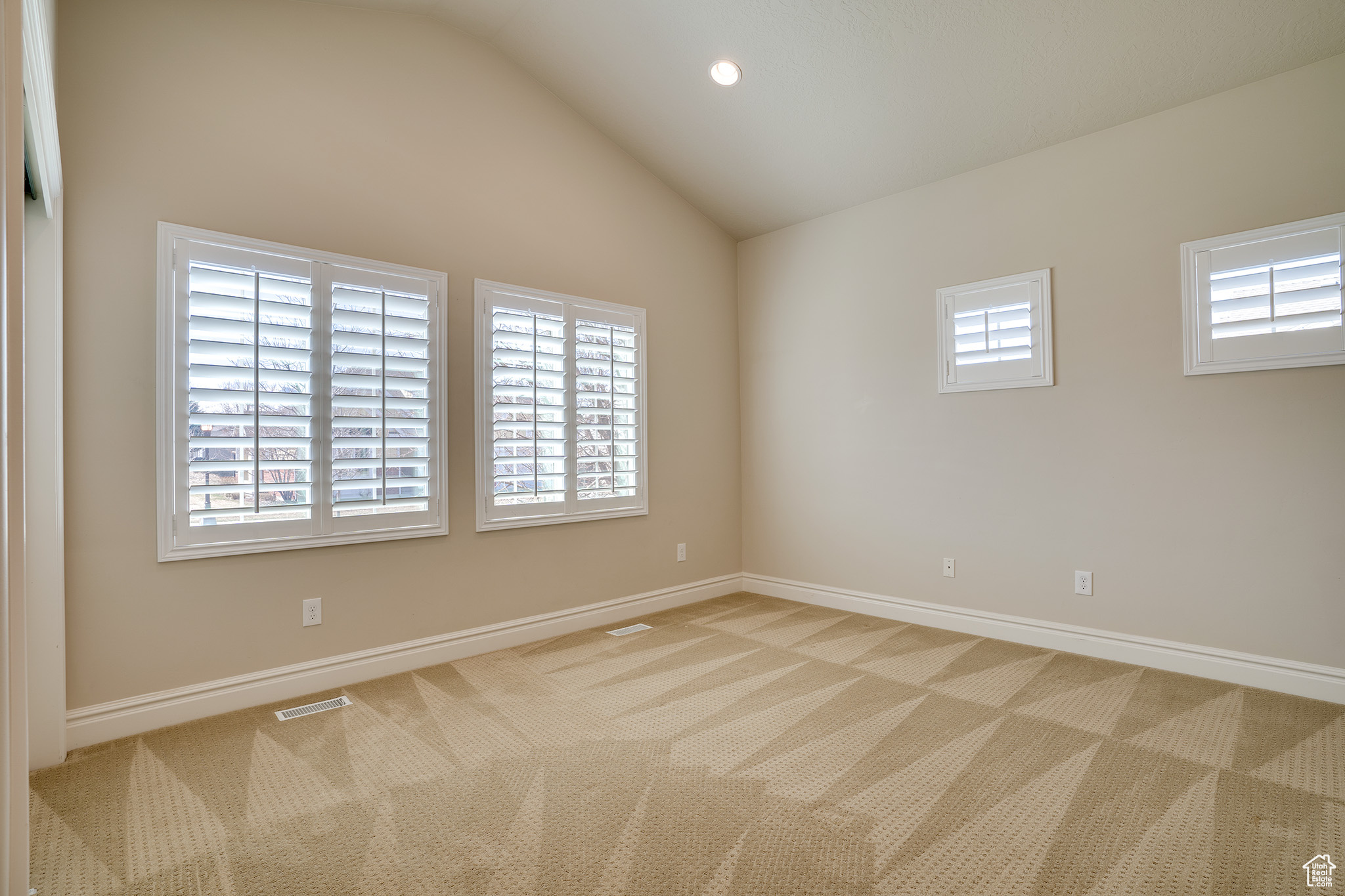 Spare room with lofted ceiling, a wealth of natural light, and light colored carpet