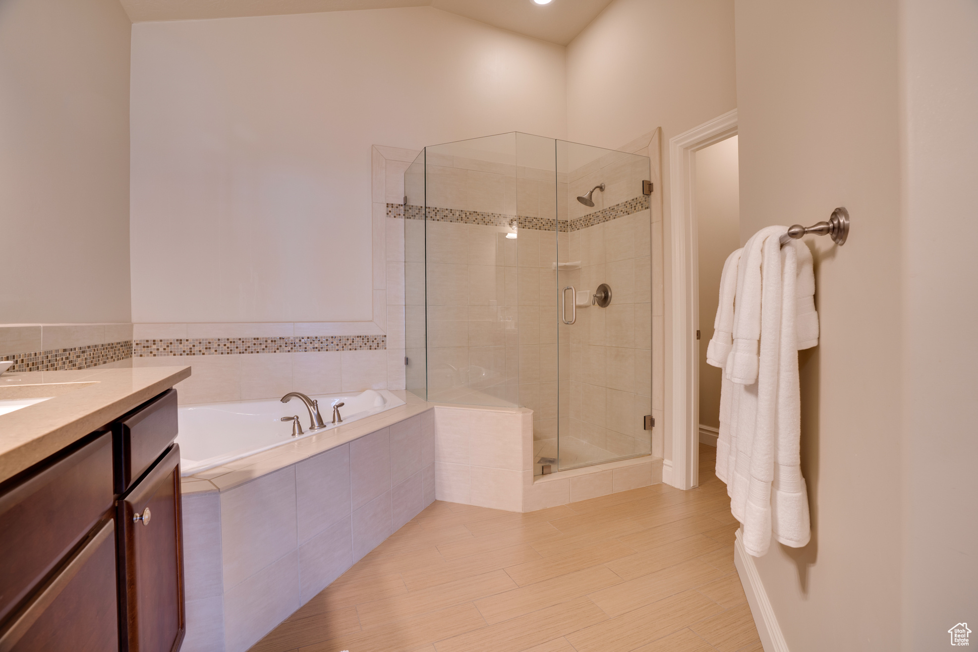 Bathroom with hardwood / wood-style flooring, vanity, and separate shower and tub