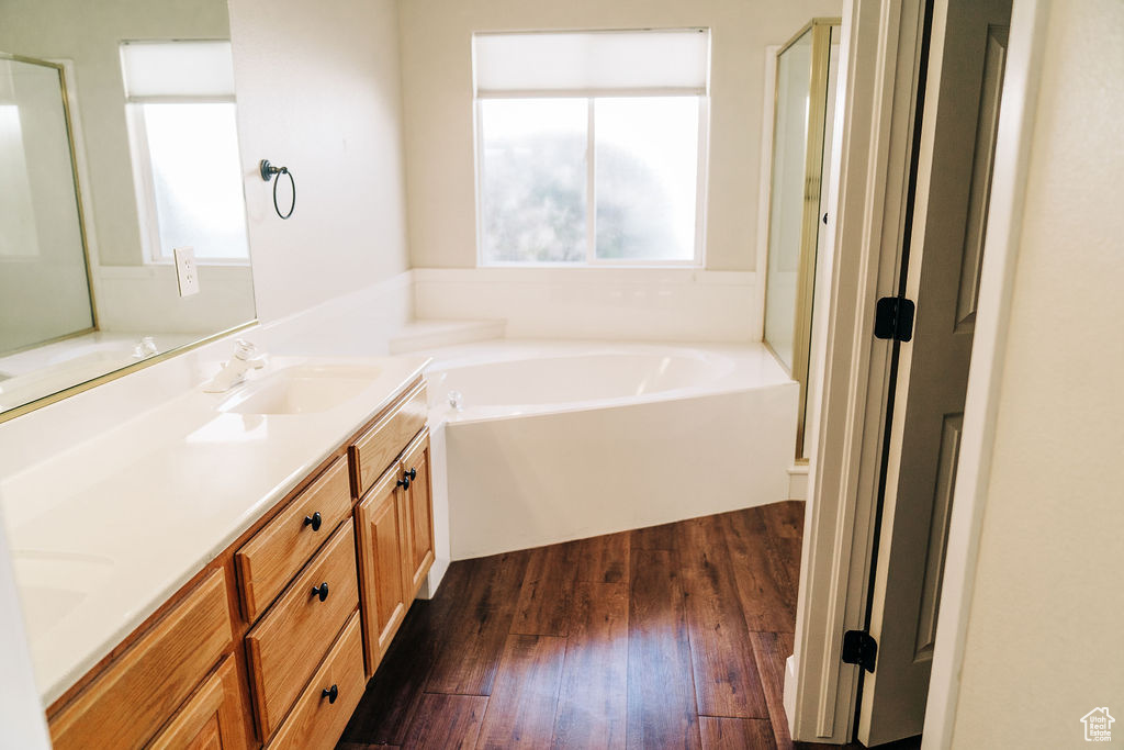 Bathroom featuring vanity, hardwood / wood-style floors, and a tub