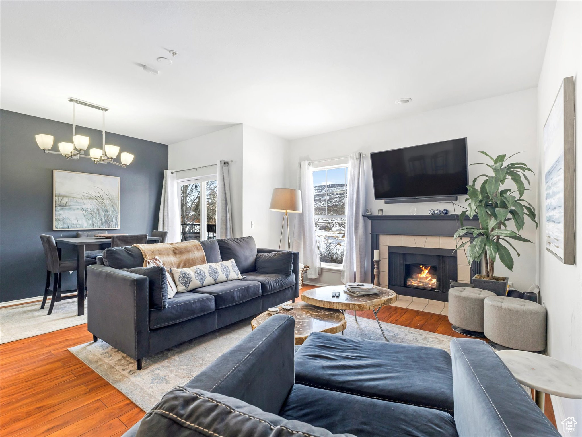 Living room with an inviting chandelier, wood-type flooring, a tile fireplace, and a healthy amount of sunlight