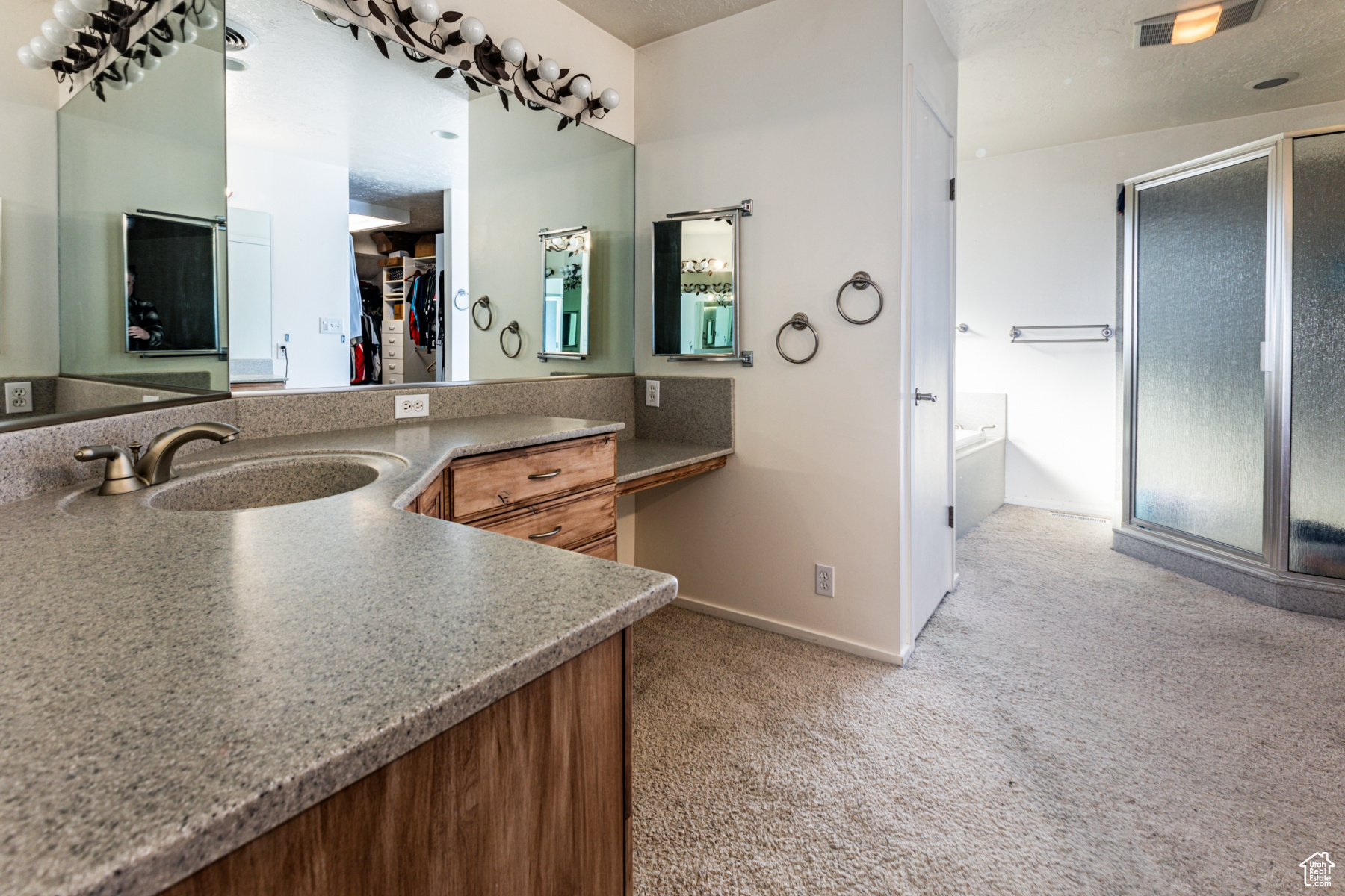 Bathroom featuring vanity and shower with separate bathtub