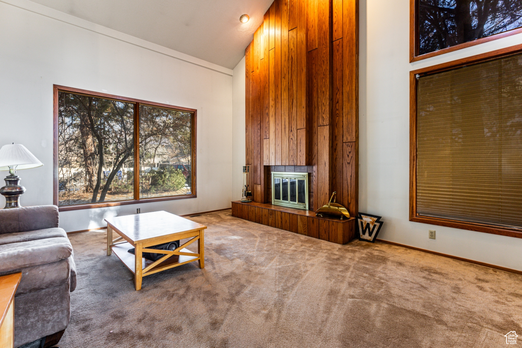 Carpeted living room with high vaulted ceiling