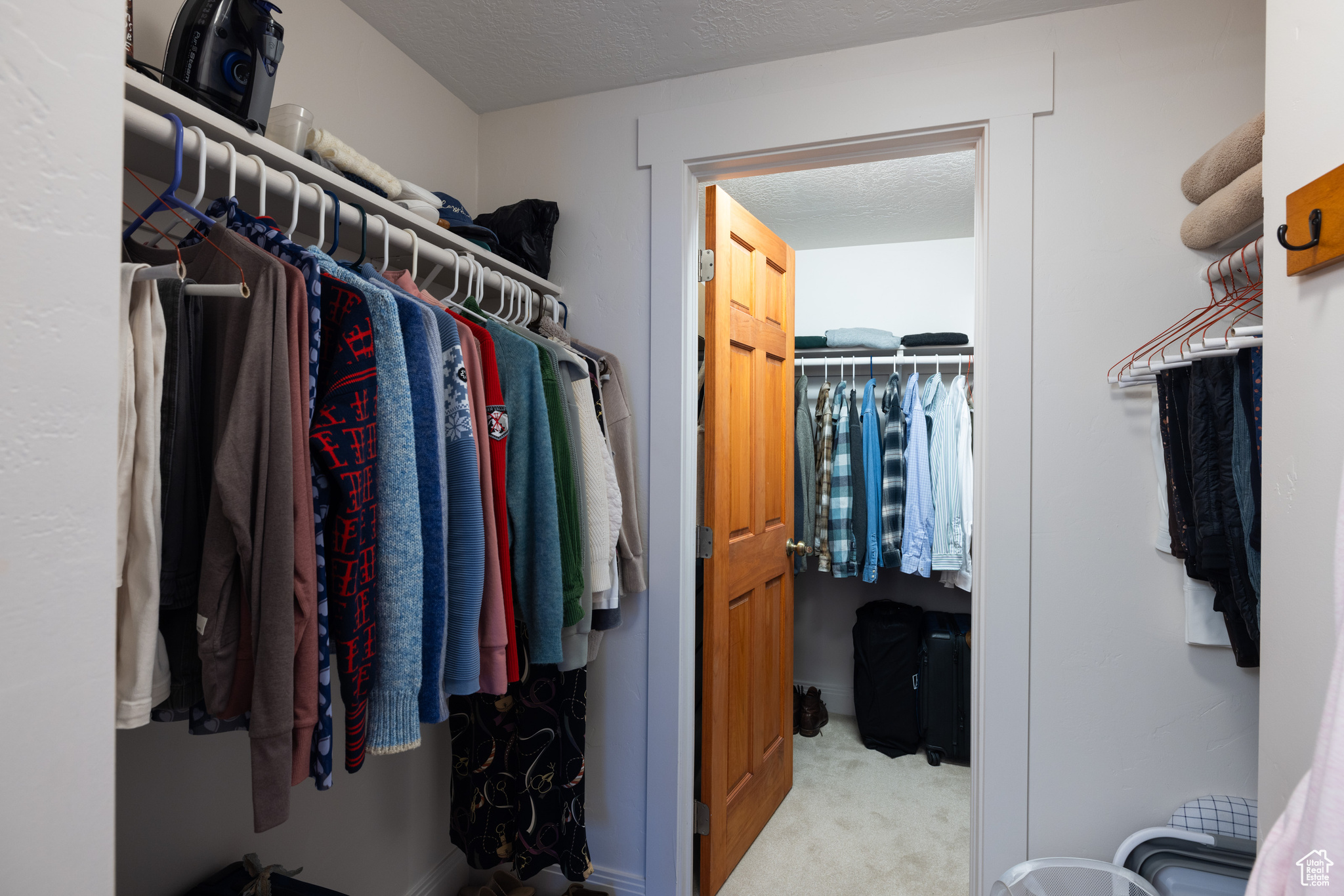 Walk in closet featuring light colored carpet