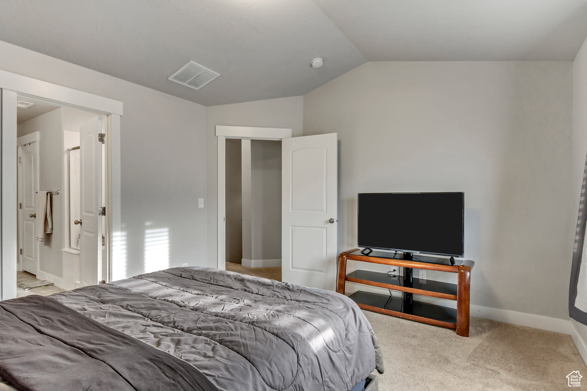 Carpeted bedroom with lofted ceiling