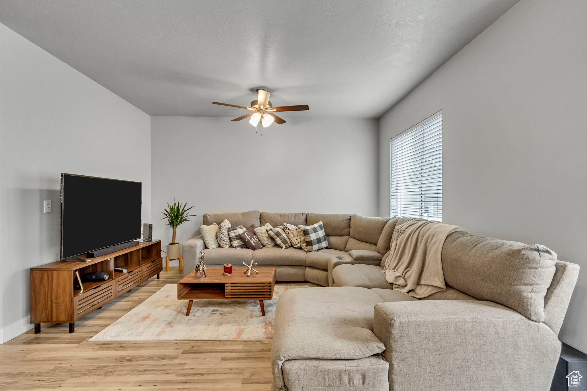 Living room with ceiling fan and light wood-type flooring