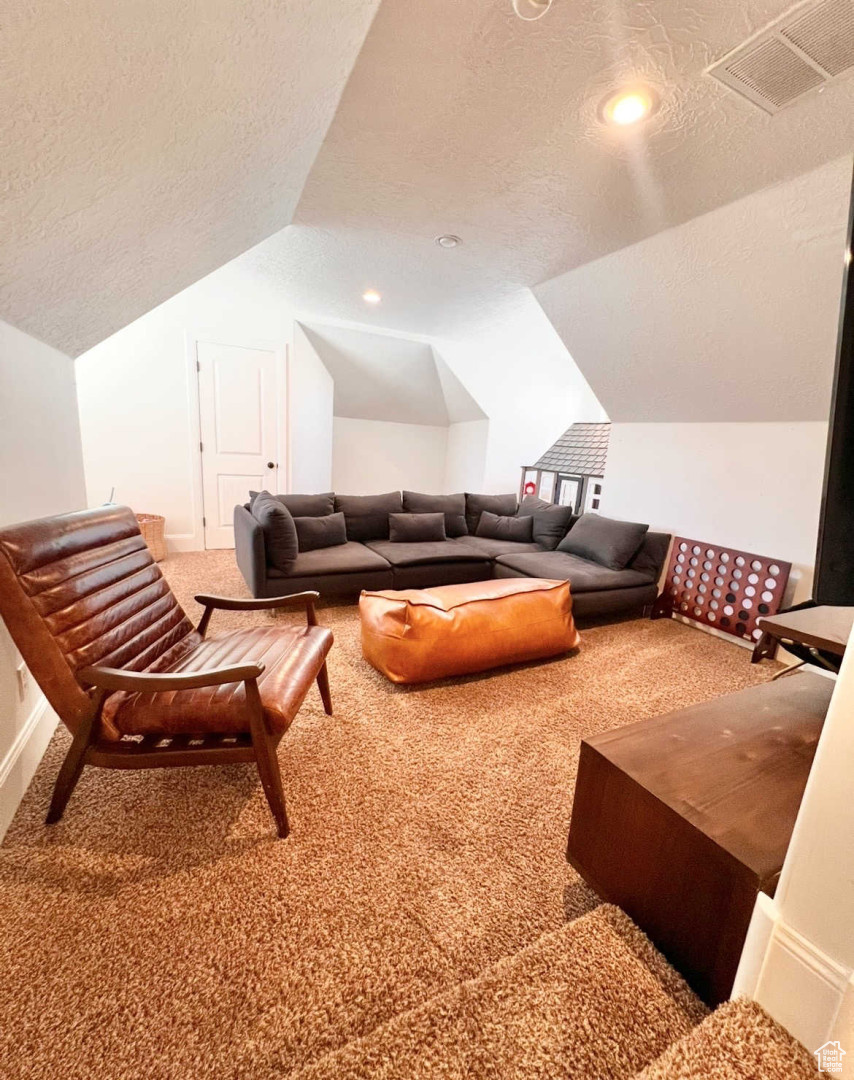 Living room with vaulted ceiling, carpet floors, and a textured ceiling