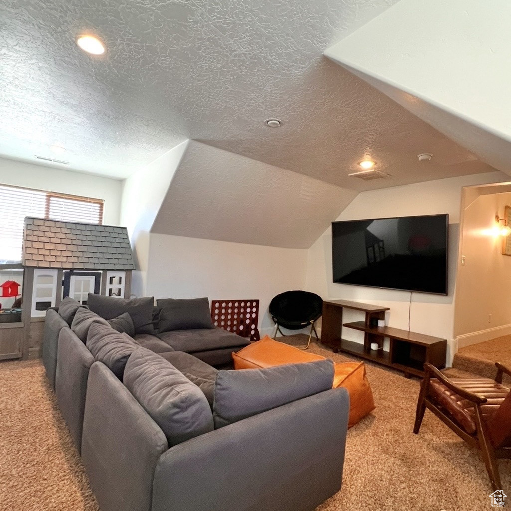 Carpeted living room featuring vaulted ceiling and a textured ceiling